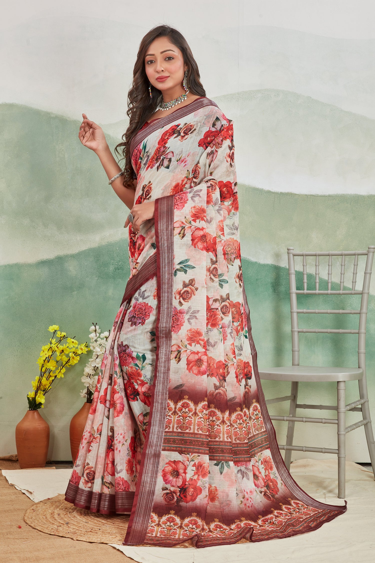 Breathable Pure Linen Saree Brown Printed Everyday Look