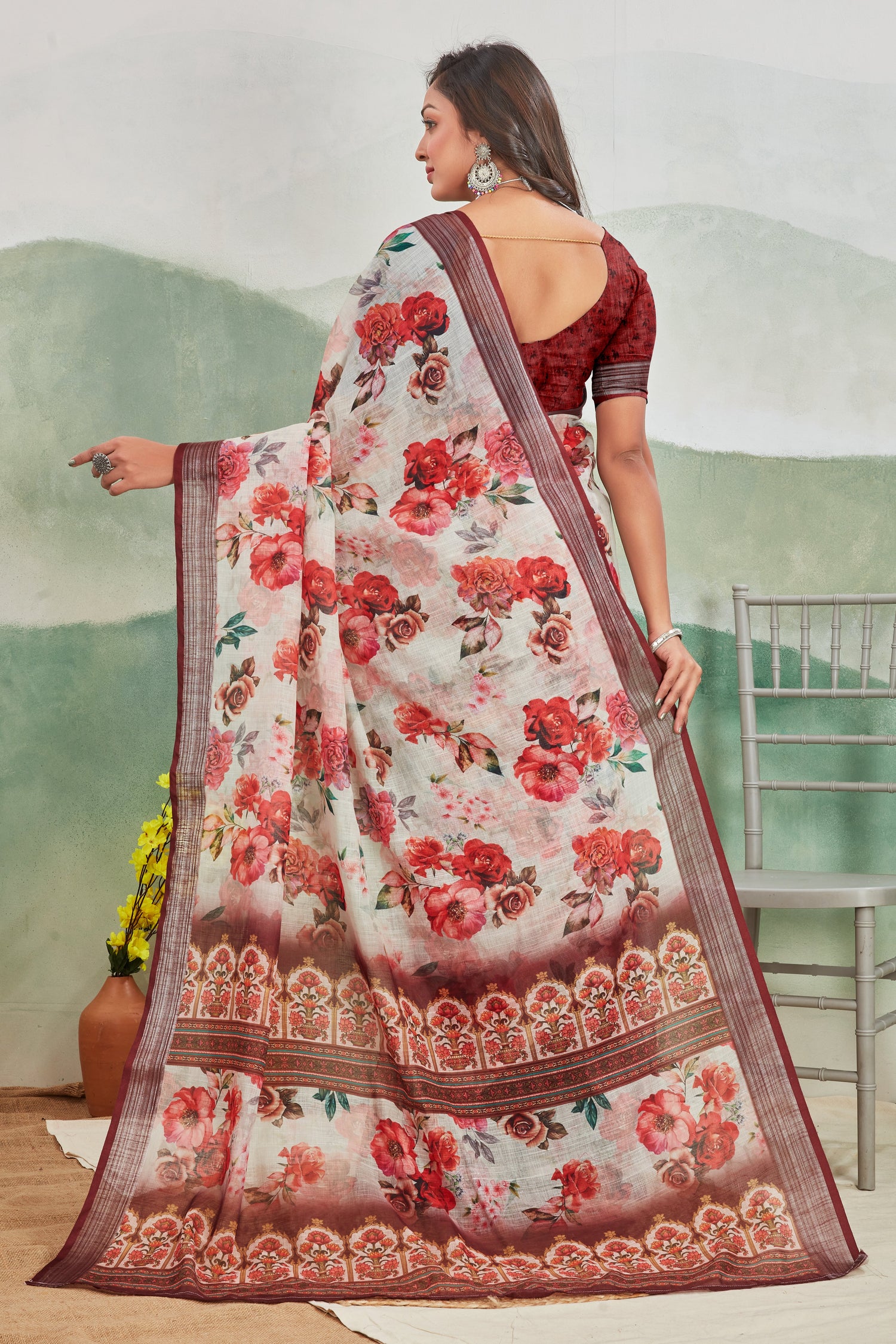 Breathable Pure Linen Saree Brown Printed Everyday Look