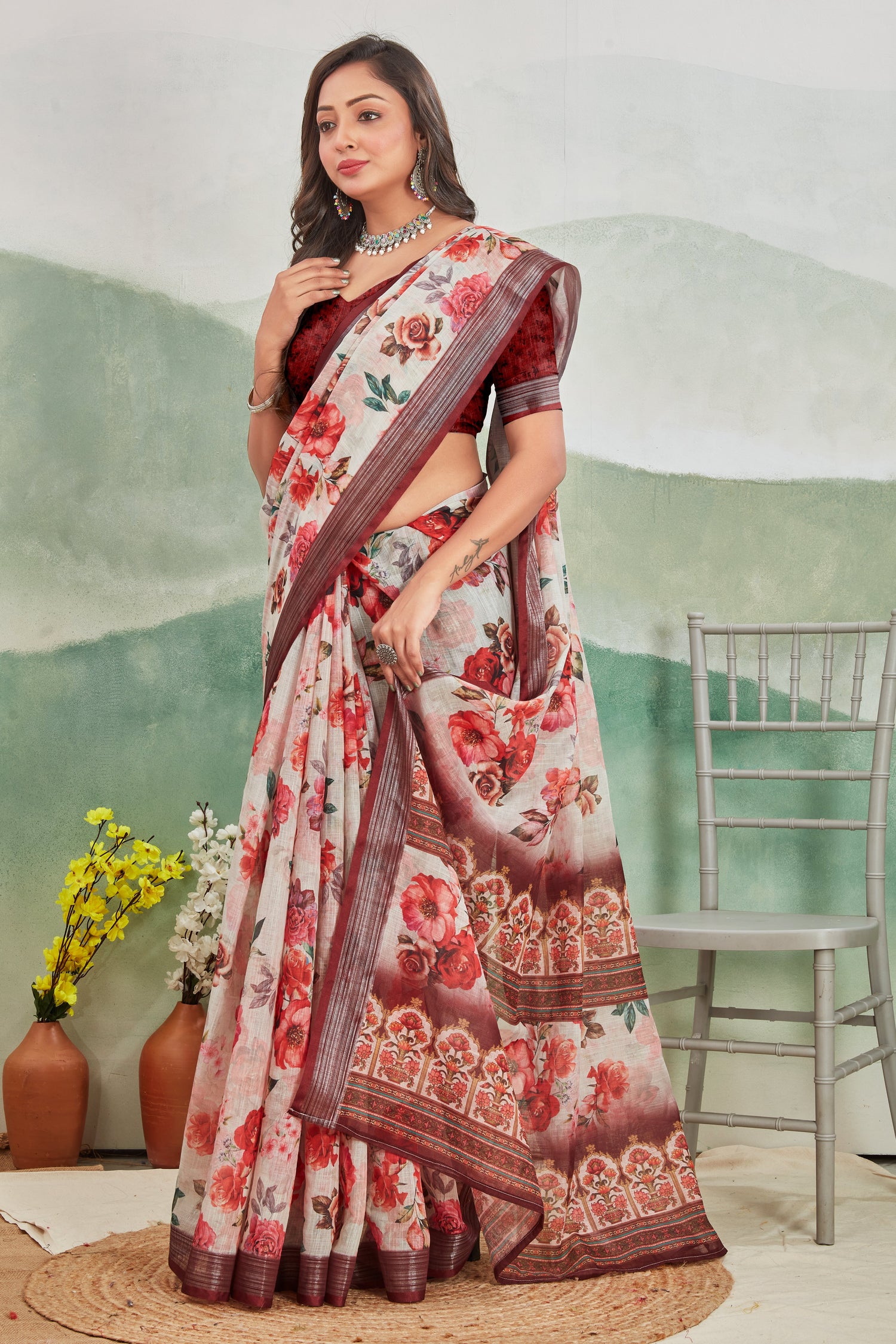 Breathable Pure Linen Saree Brown Printed Everyday Look