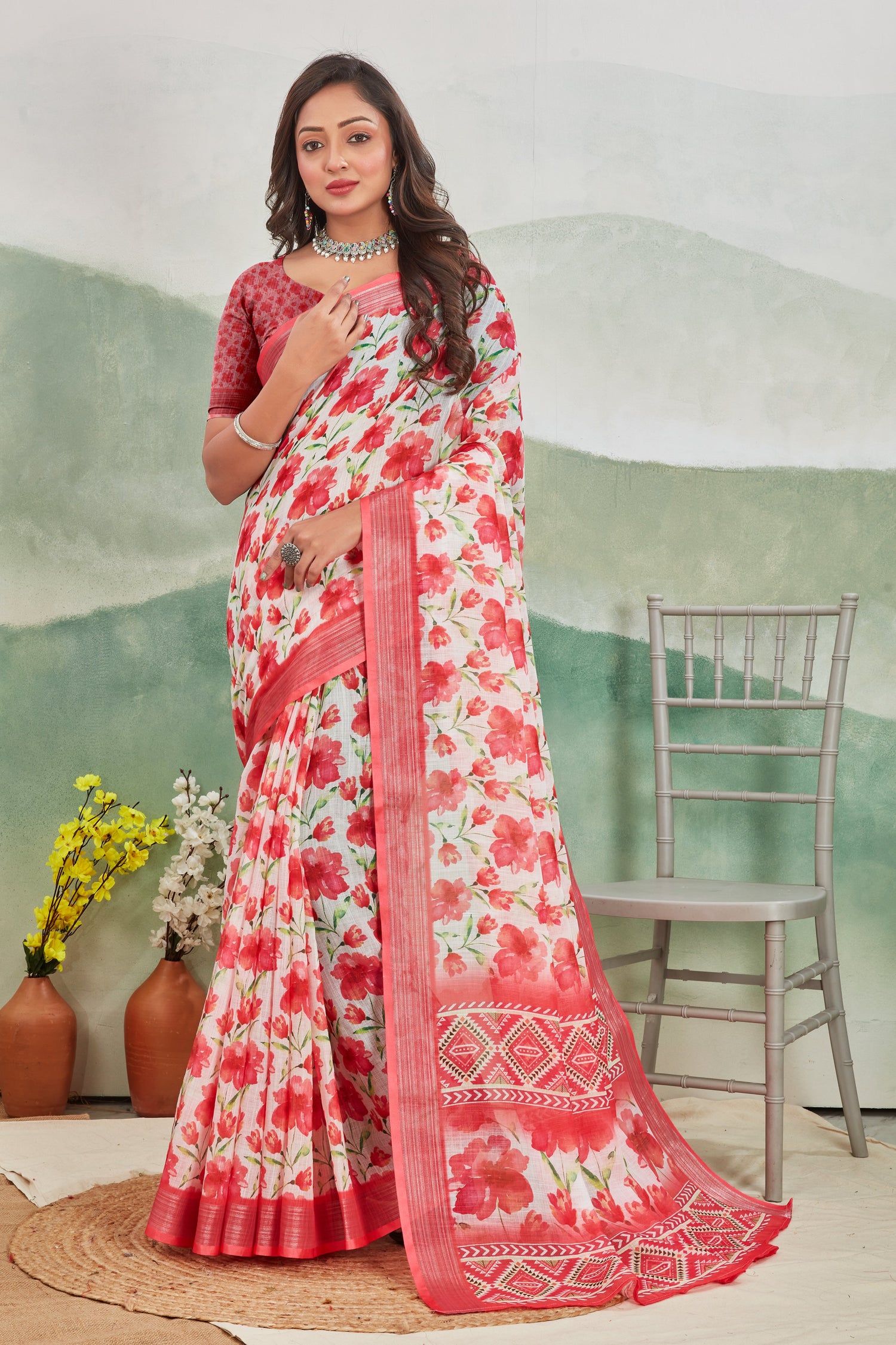 Pink Pure Linen Printed Saree Light And Easy Daily Wear