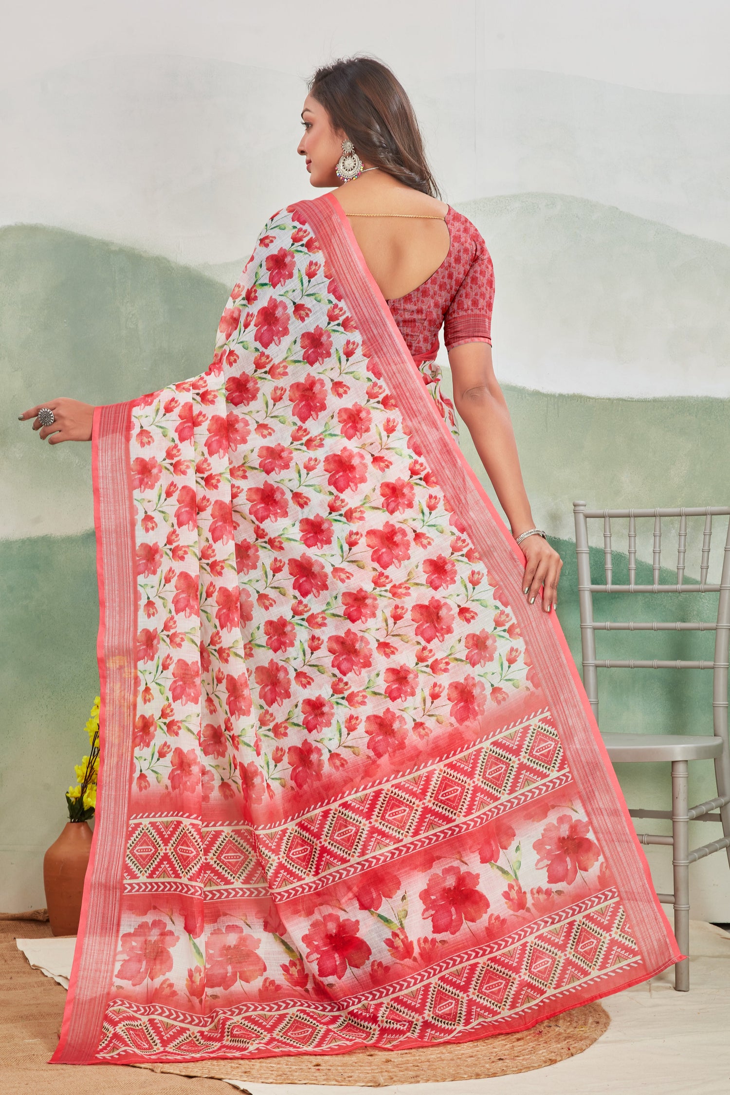 Pink Pure Linen Printed Saree Light And Easy Daily Wear
