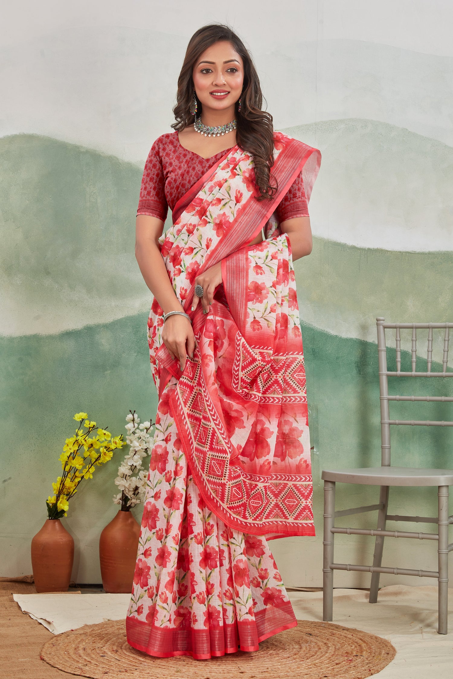 Pink Pure Linen Printed Saree Light And Easy Daily Wear