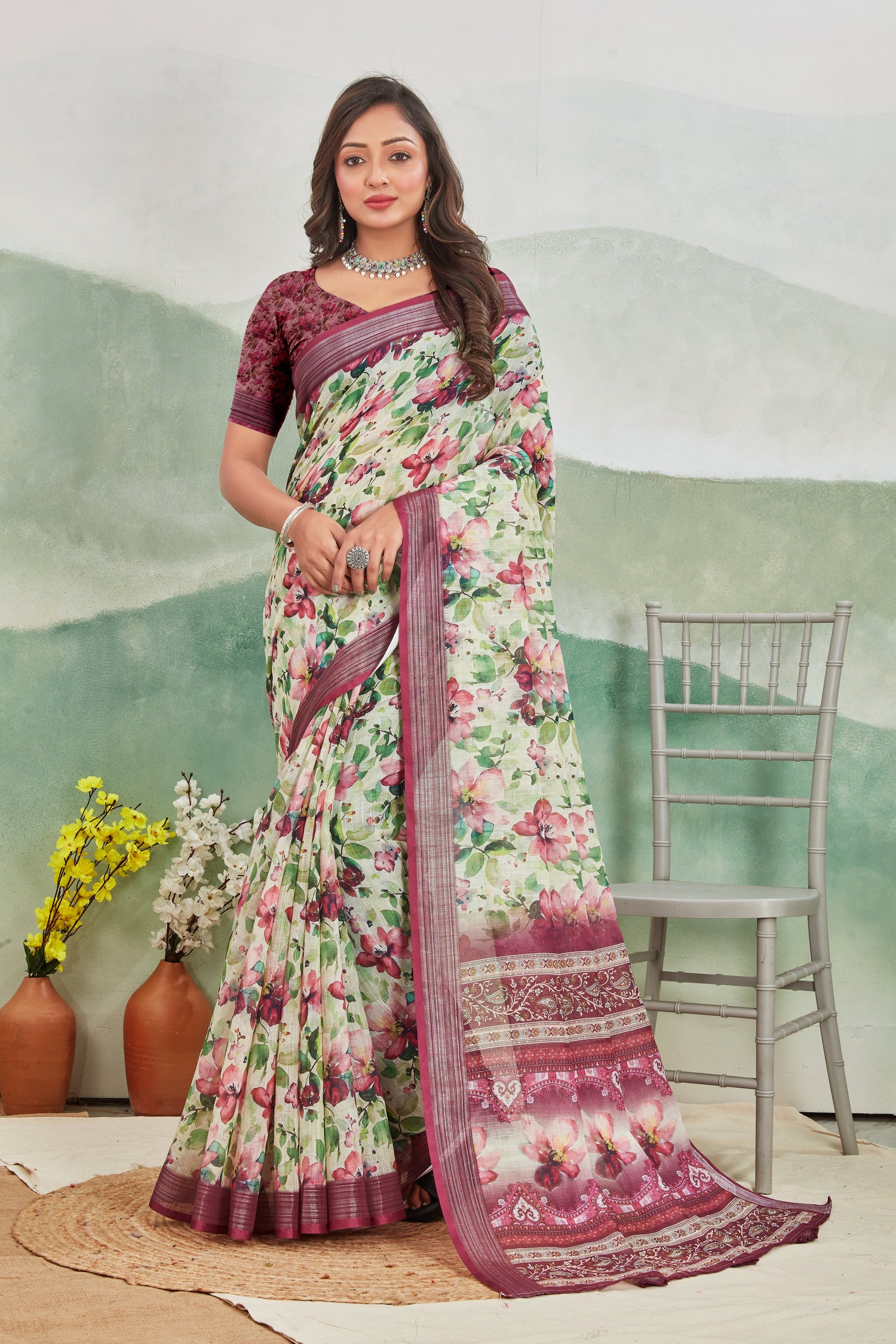 Wine Office Ready Linen Saree Pure Fabric And Printed Design