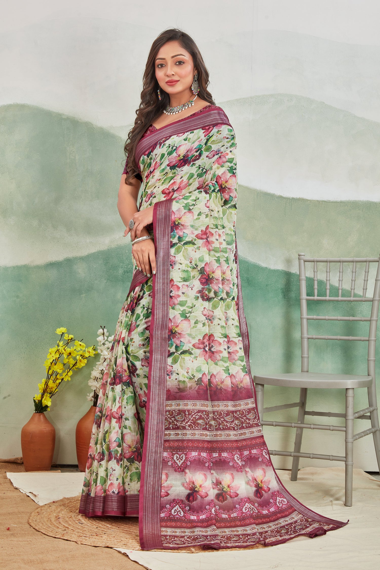 Wine Office Ready Linen Saree Pure Fabric And Printed Design