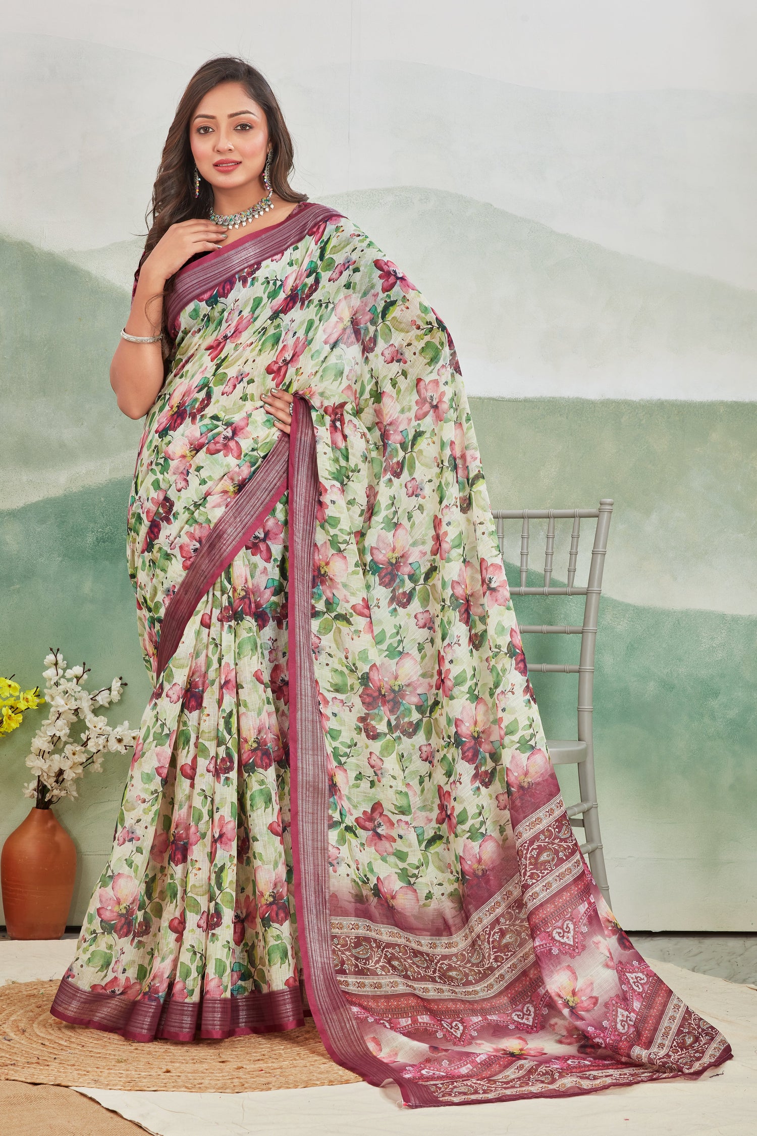 Wine Office Ready Linen Saree Pure Fabric And Printed Design