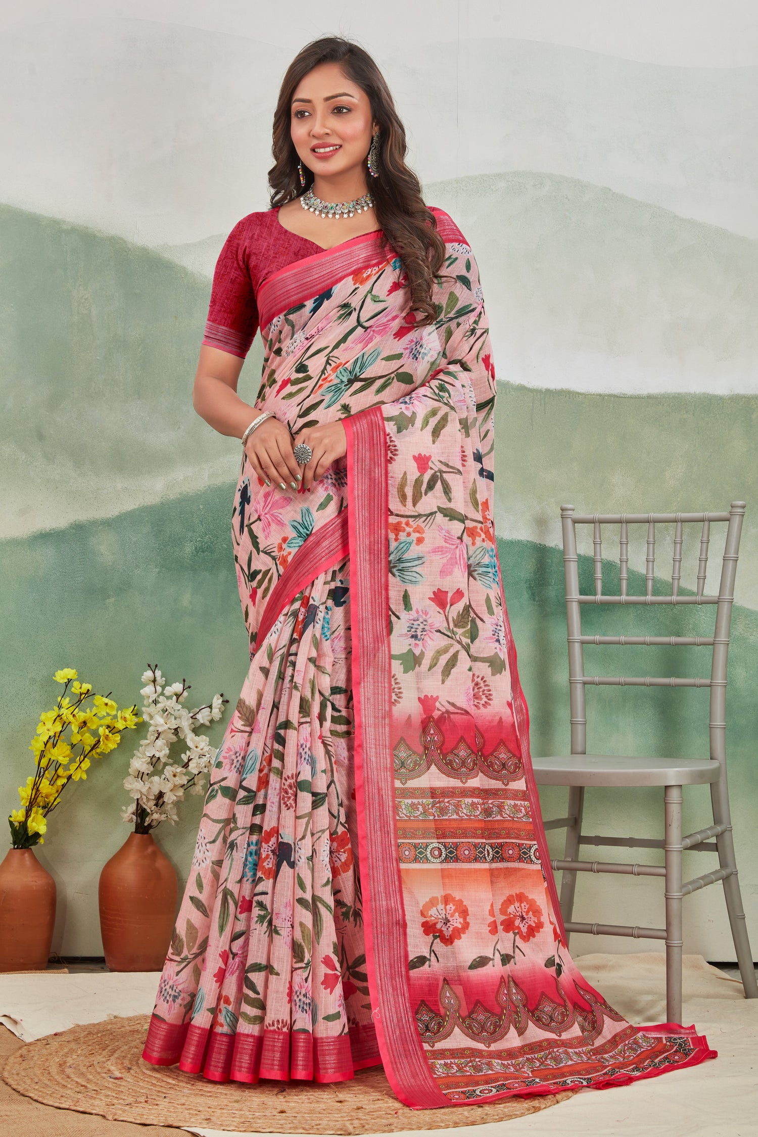 Trendy Daily Wear Saree Pink Pure Linen With Stylish Prints