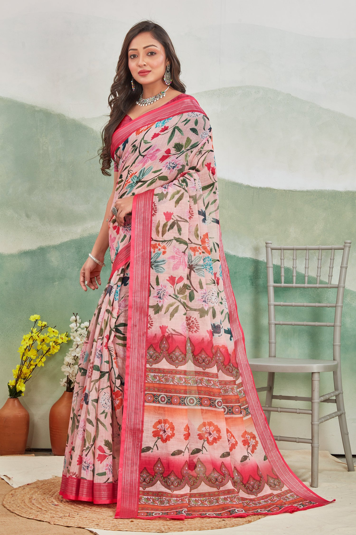 Trendy Daily Wear Saree Pink Pure Linen With Stylish Prints