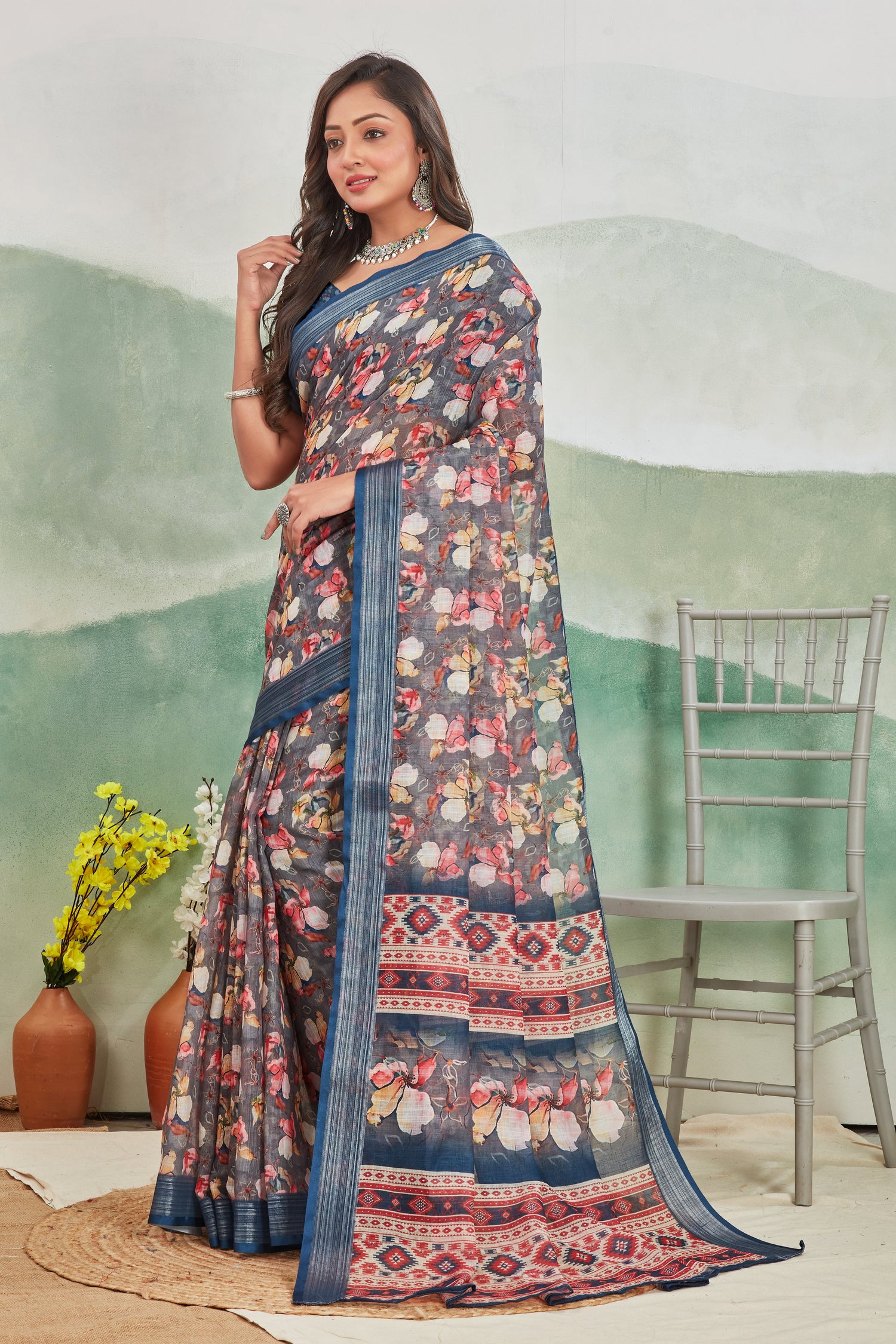Comfortable Dark Blue Linen Saree Pure Printed Drape For Casual Days