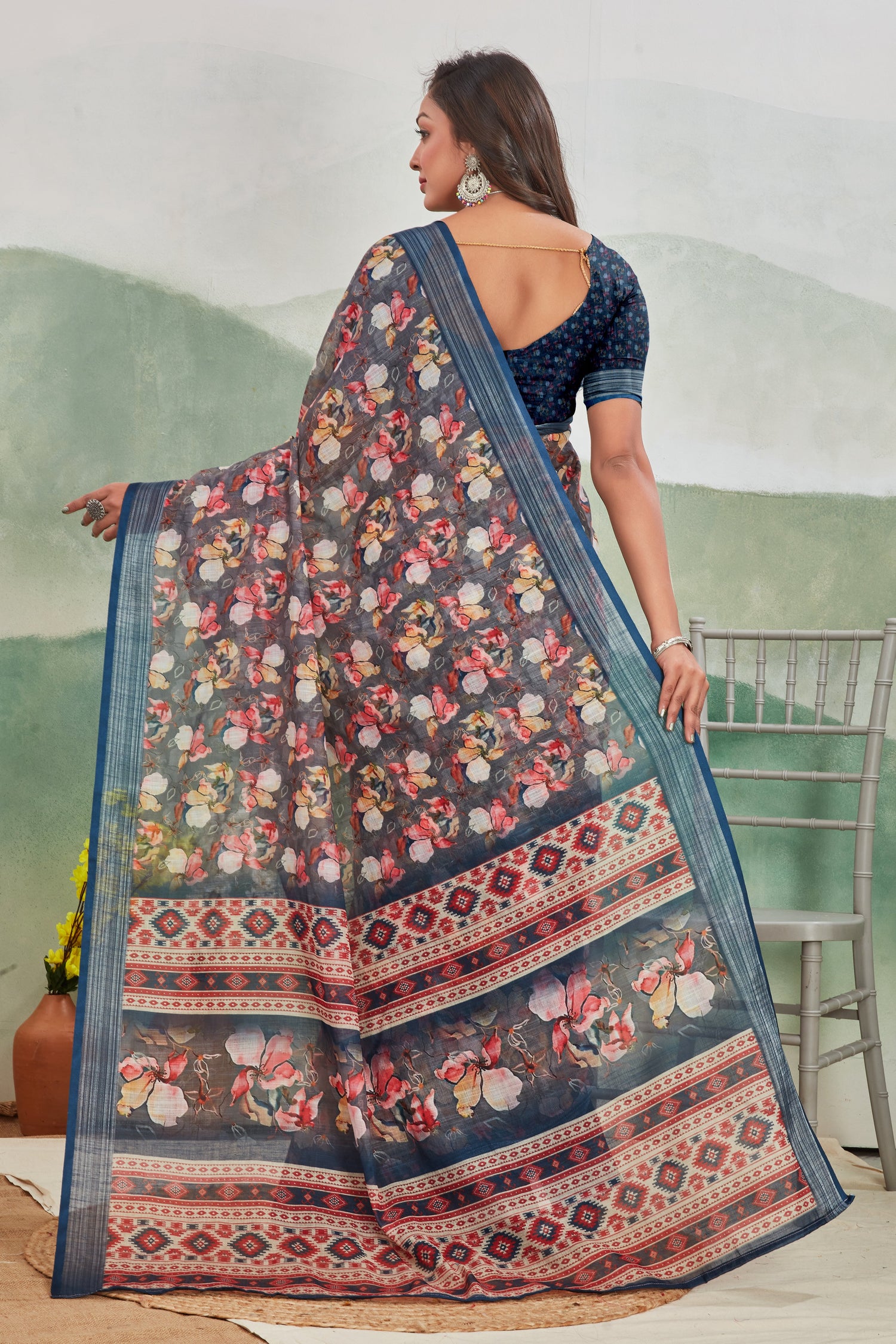Comfortable Dark Blue Linen Saree Pure Printed Drape For Casual Days