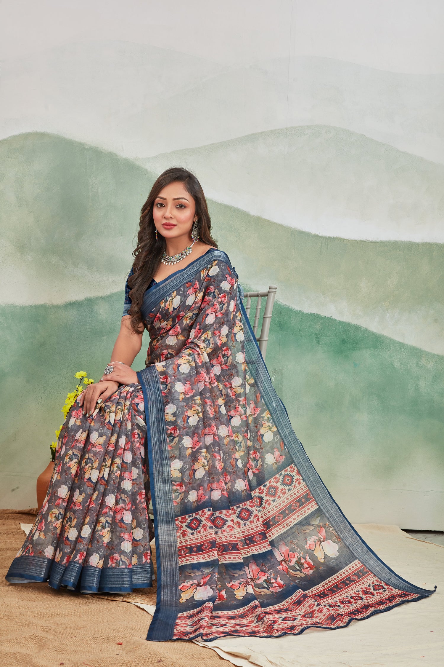 Comfortable Dark Blue Linen Saree Pure Printed Drape For Casual Days