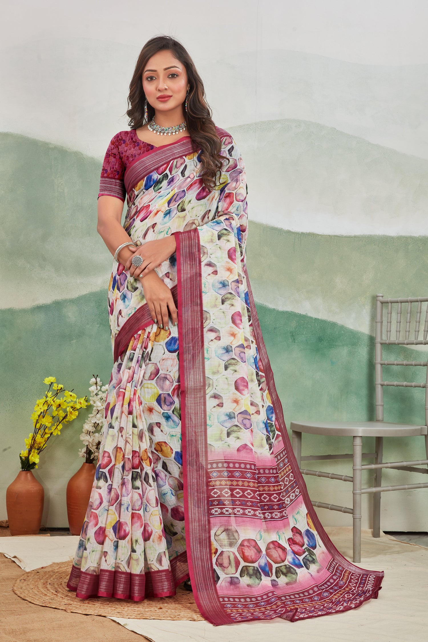 Pure Printed Linen Saree Pink Everyday Casual Style