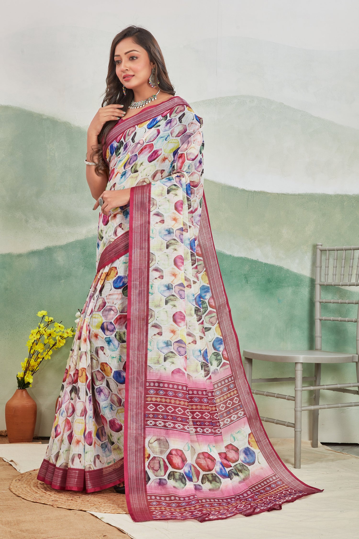 Everyday Elegance Digital Printed Saree In Soft Linen Silk Blend