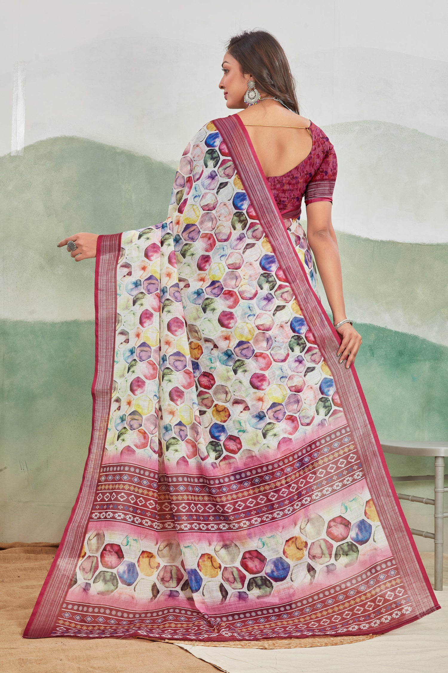 Pure Printed Linen Saree Pink Everyday Casual Style