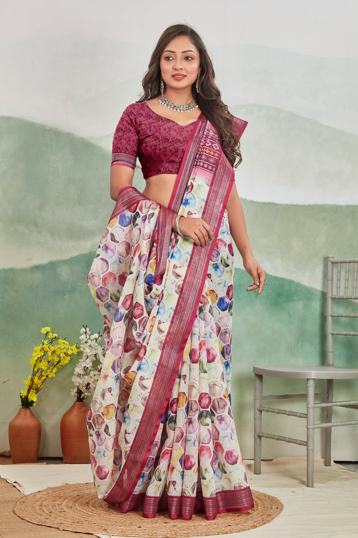 Pure Printed Linen Saree Pink Everyday Casual Style