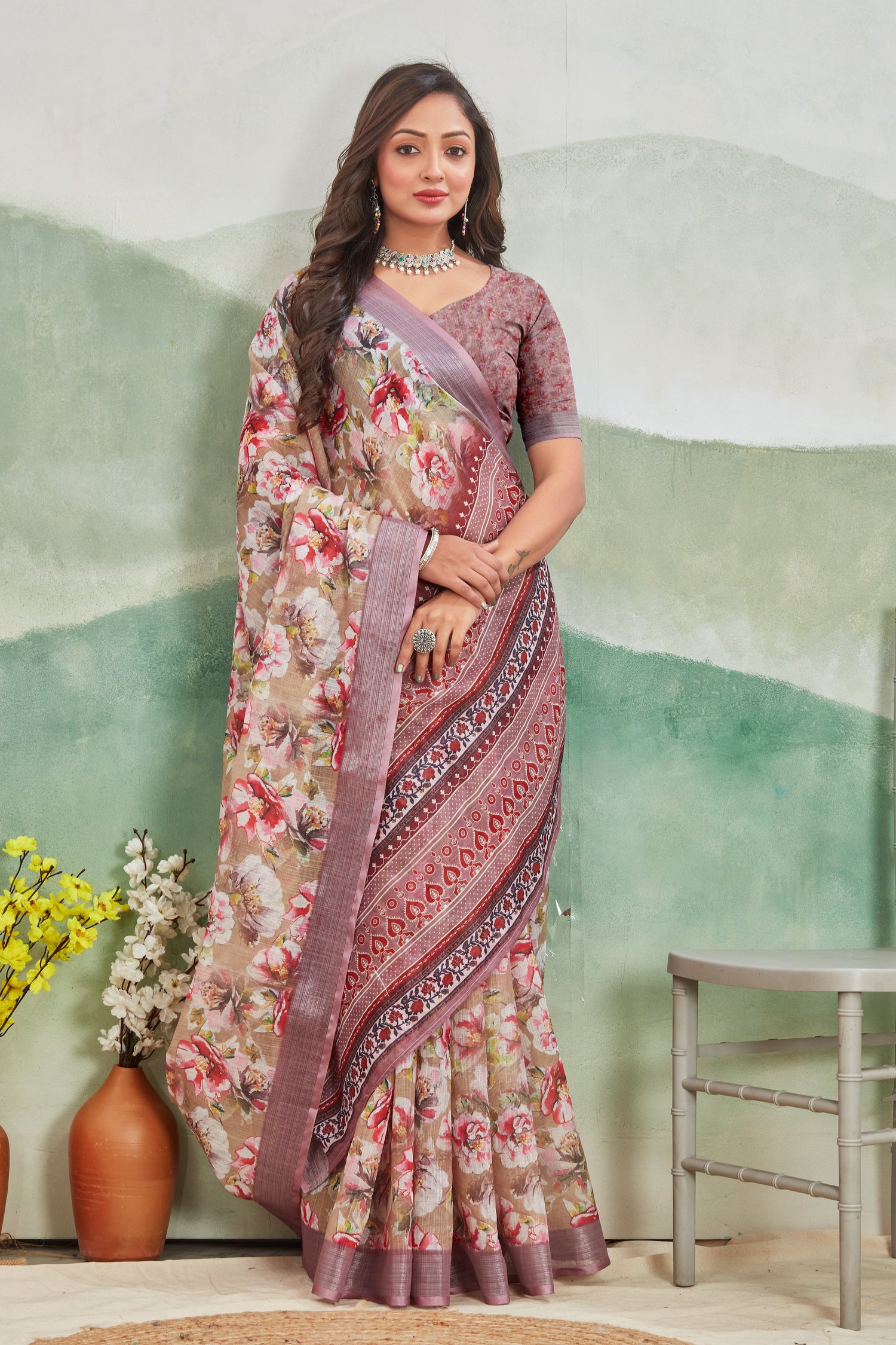 Minimalist Pure Linen Saree Lavender Printed Daily Comfort Wear