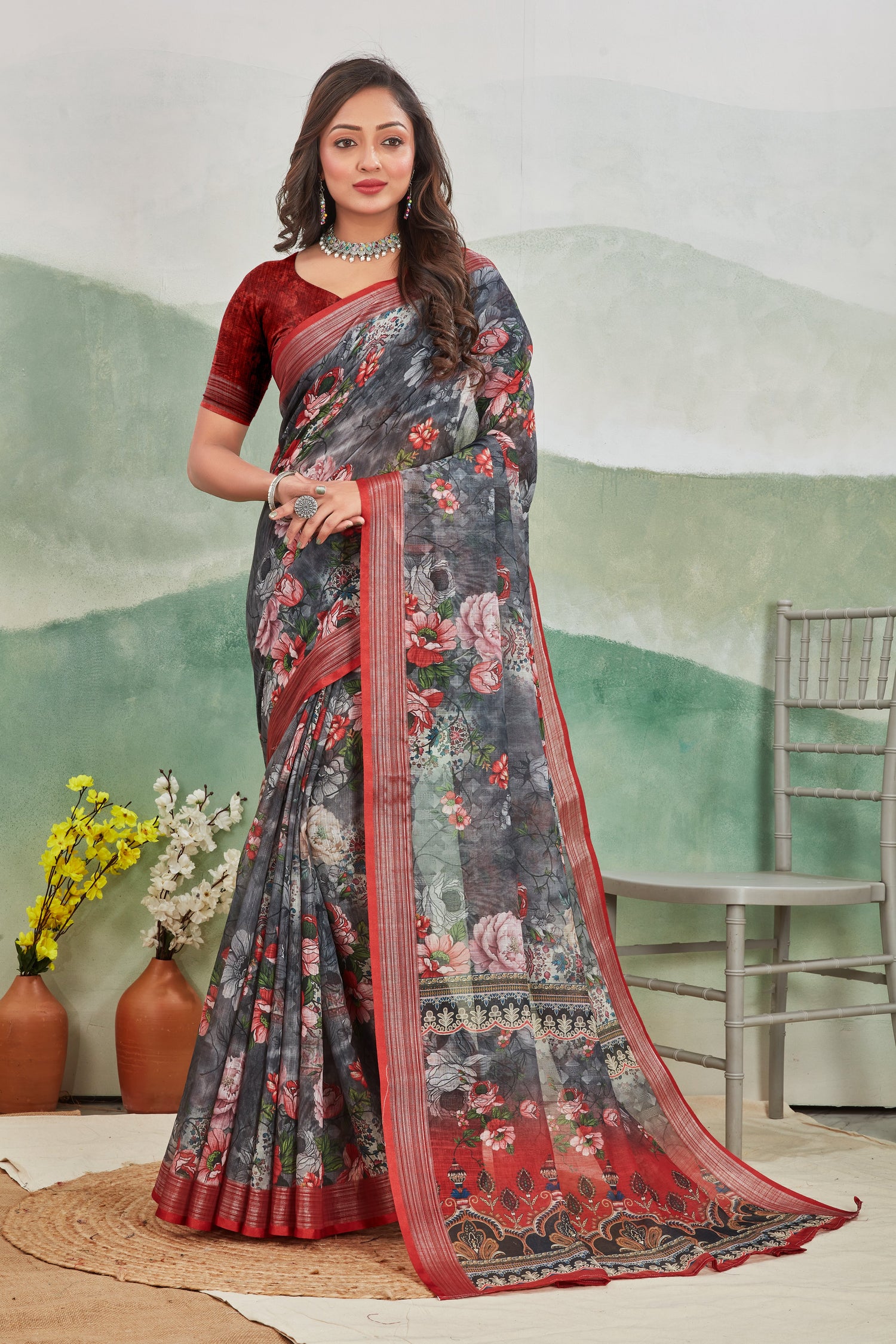 Maroon Light Printed Linen Saree Pure Fabric For Work And Home Wear