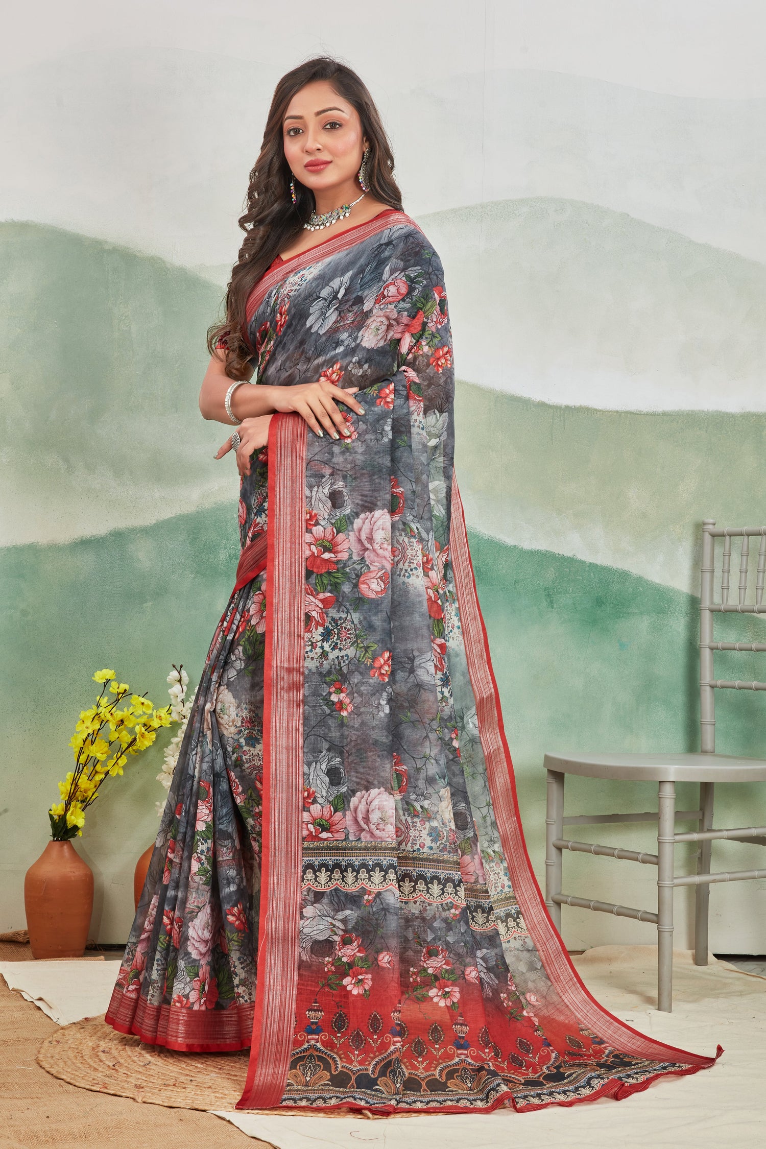 Maroon Light Printed Linen Saree Pure Fabric For Work And Home Wear