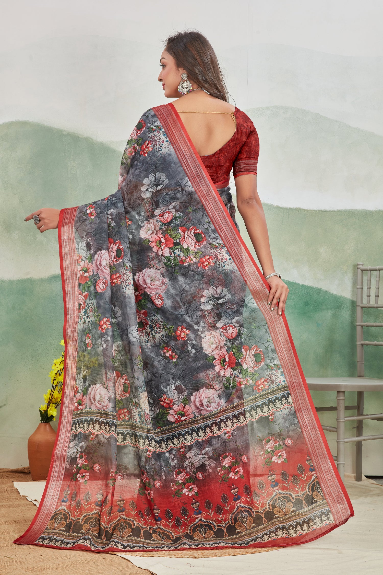 Maroon Light Printed Linen Saree Pure Fabric For Work And Home Wear