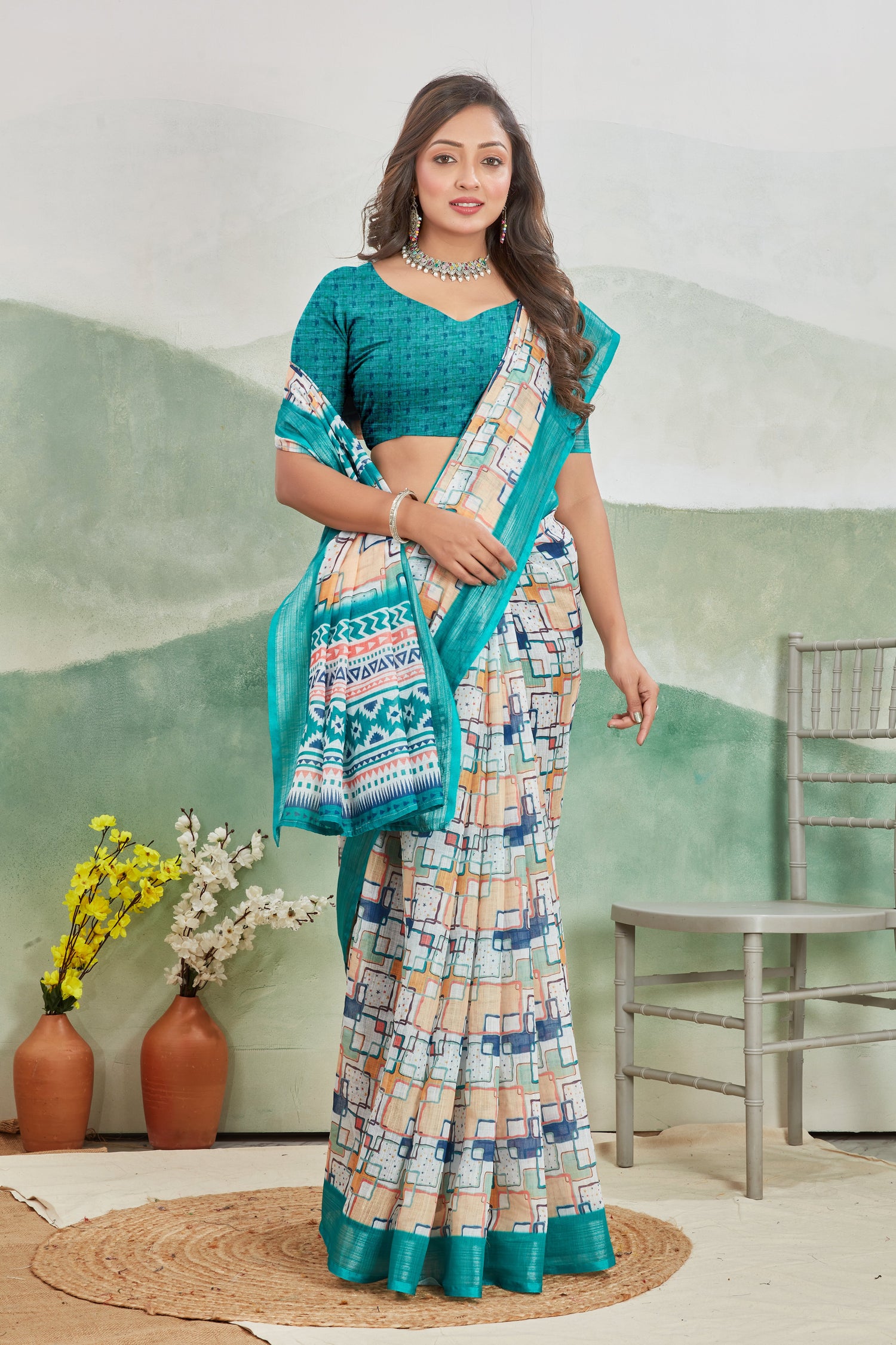 Rama Everyday Wear Saree Pure Linen With Soft Printed Design