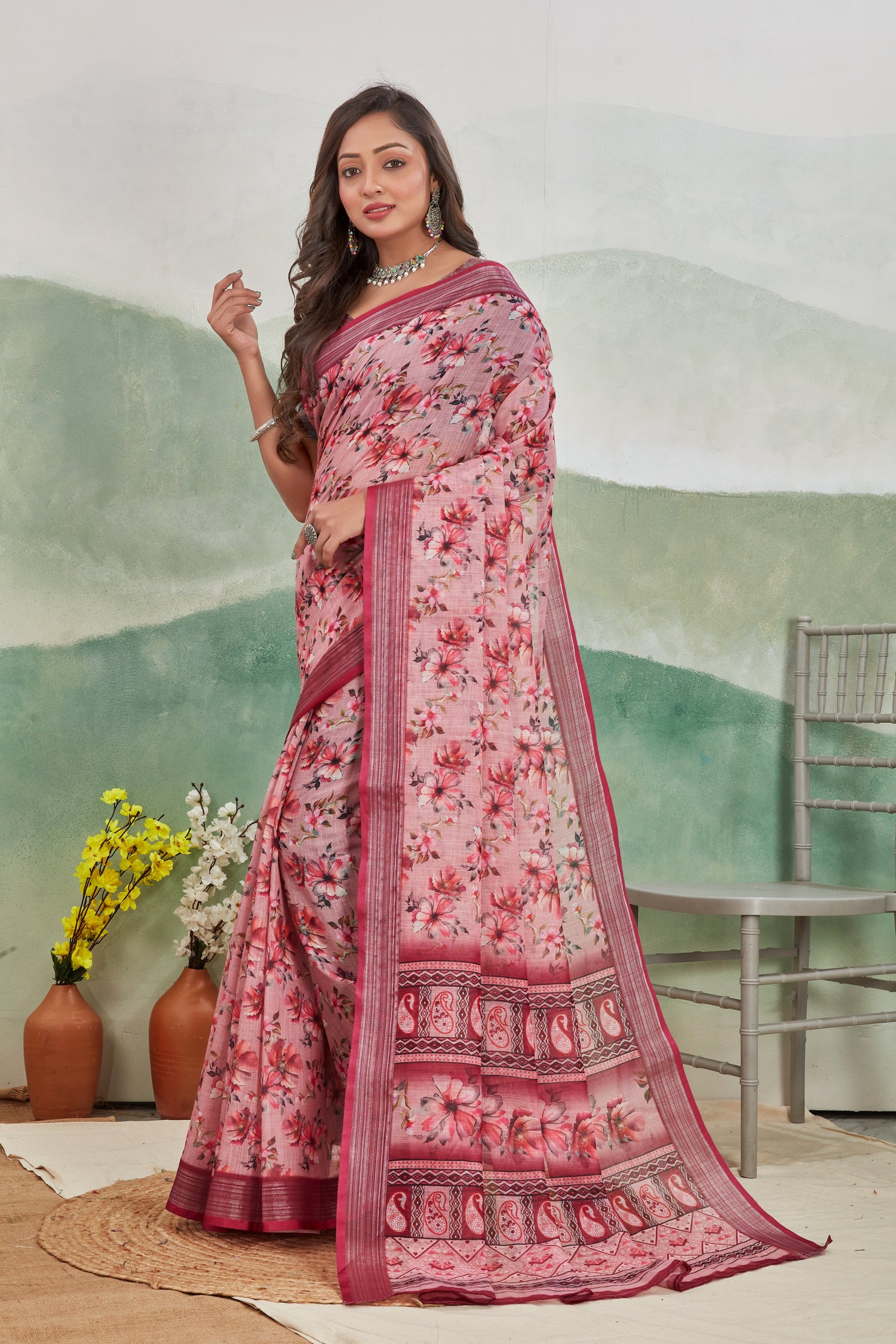 Classic Printed Linen Saree Salmon Pink Daily Use Pure Drape