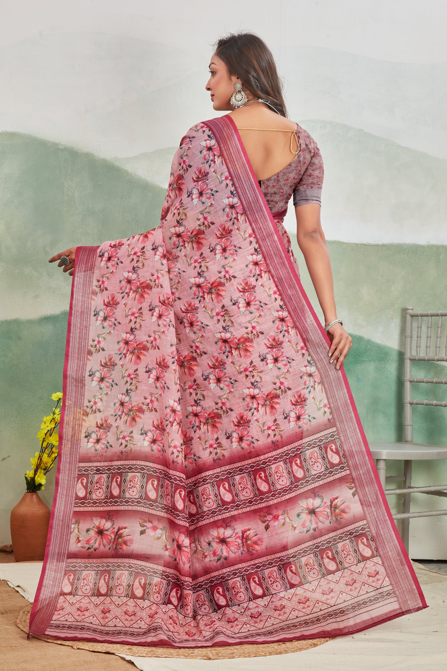 Classic Printed Linen Saree Salmon Pink Daily Use Pure Drape