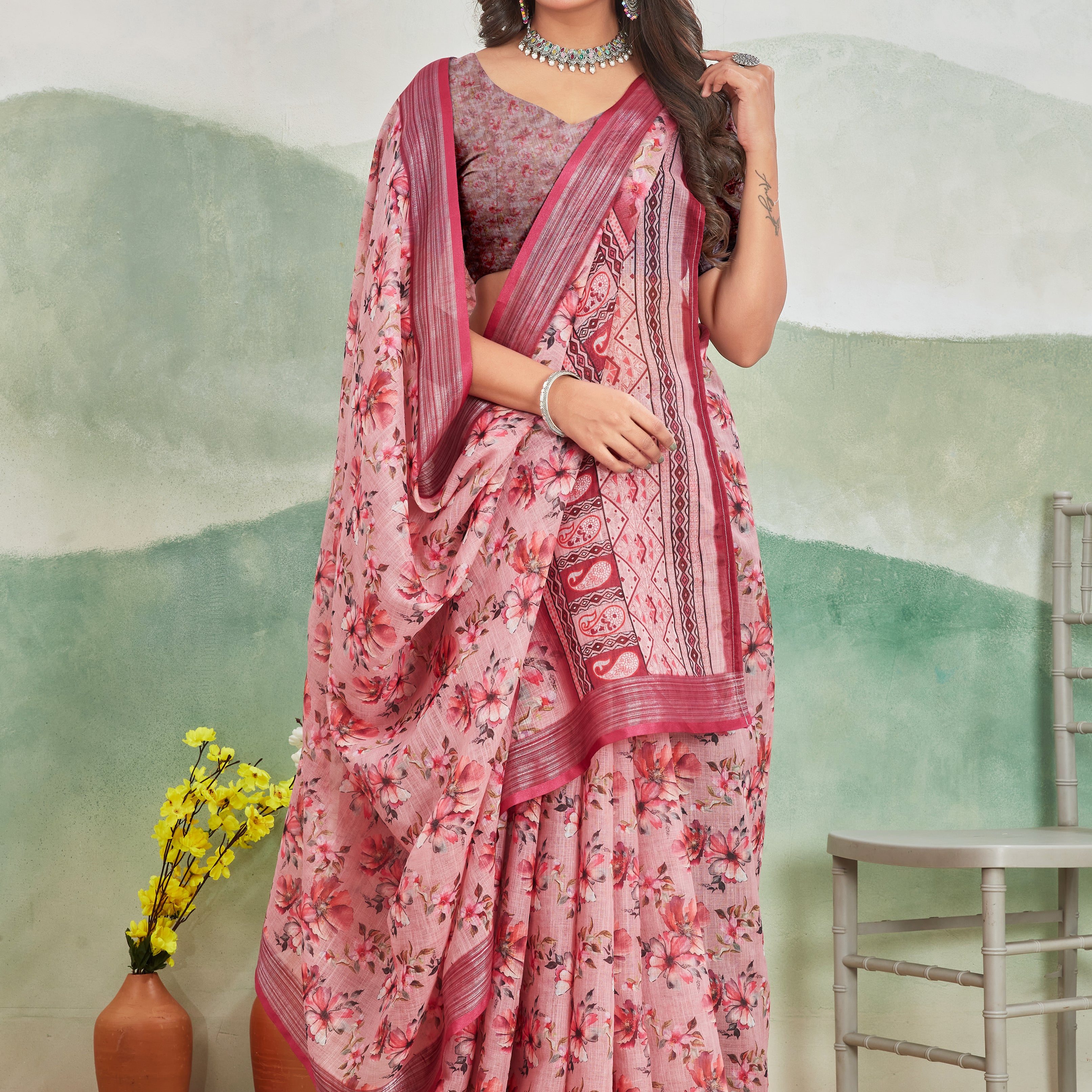 Pure Linen Saree For Every Occasion in Salmon Pink