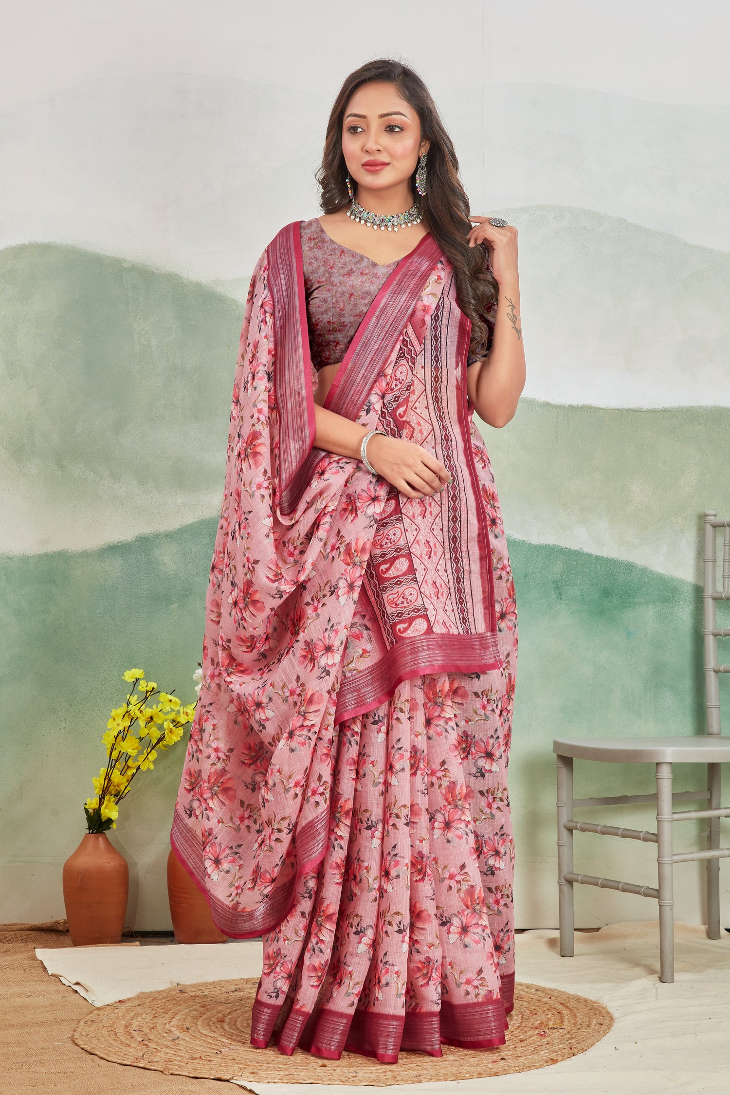 Classic Printed Linen Saree Salmon Pink Daily Use Pure Drape