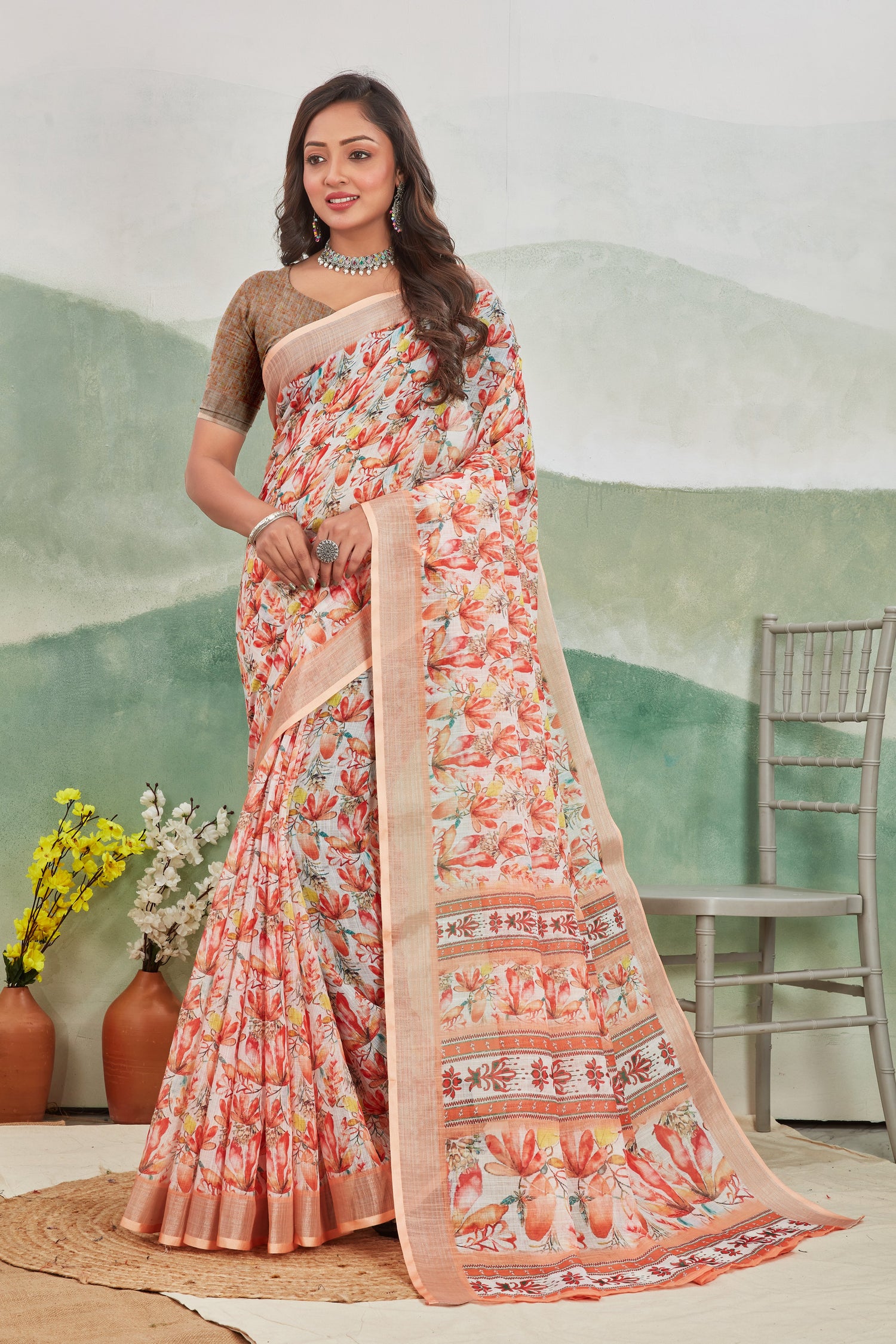 Printed Linen Soft Silk Saree With Subtle Traditional Aesthetics