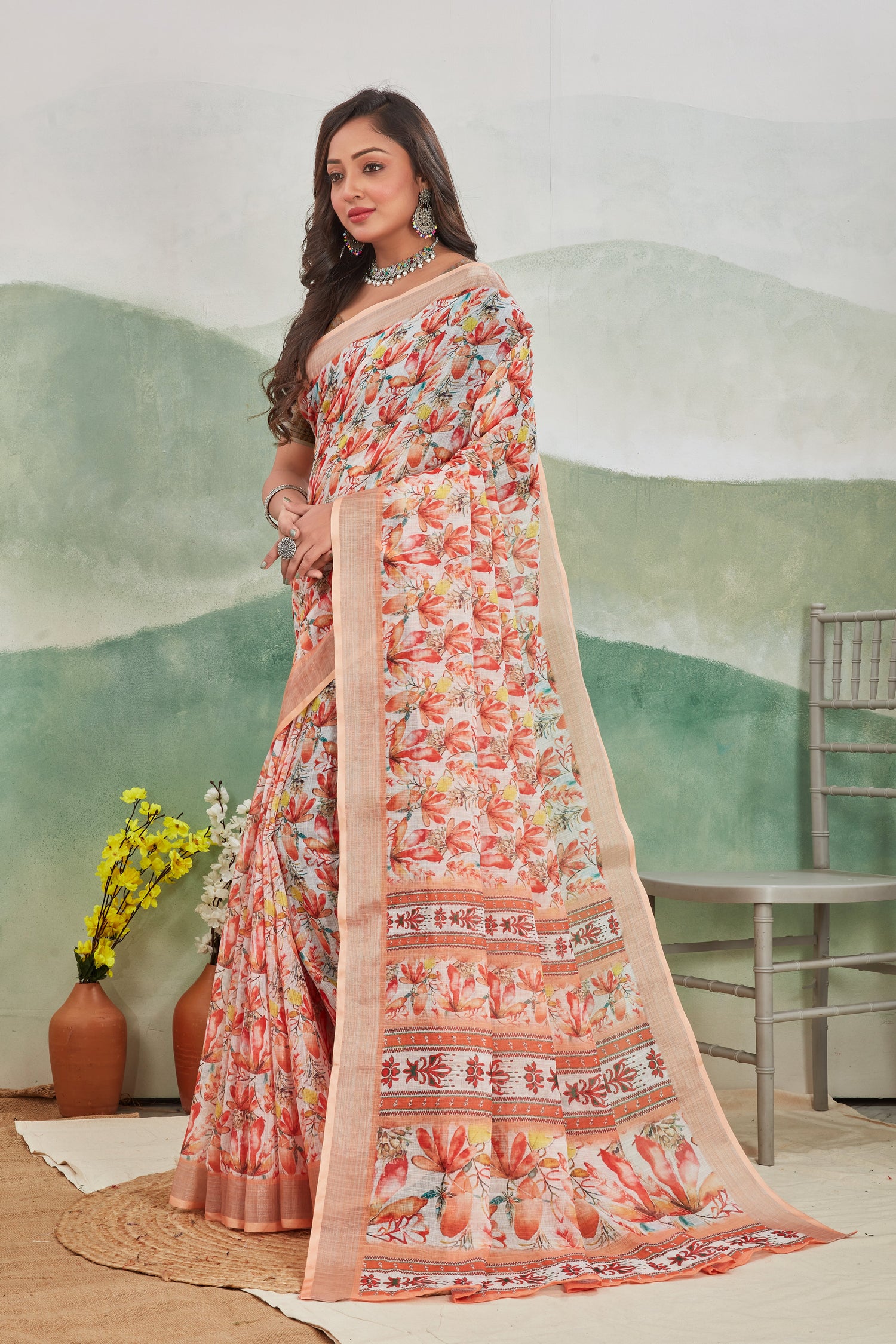 Peach Pure Linen Saree Easy Printed Look For Regular Wear