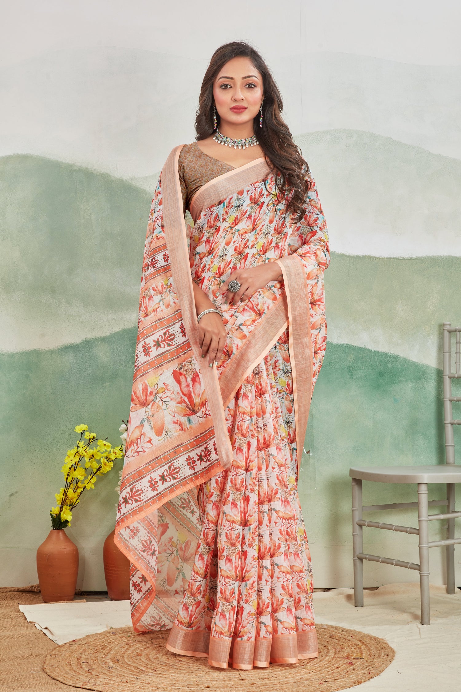 Peach Pure Linen Saree Easy Printed Look For Regular Wear
