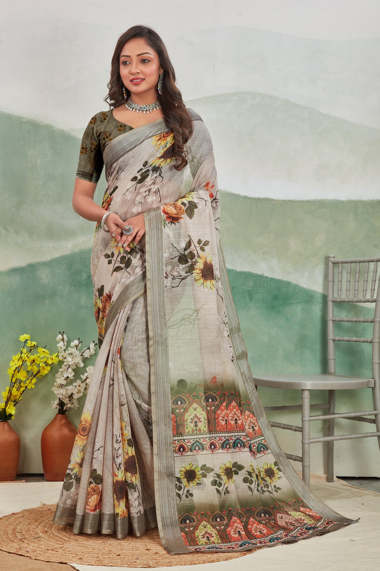 Lightweight Pure Linen Saree Pista Printed For Effortless Style