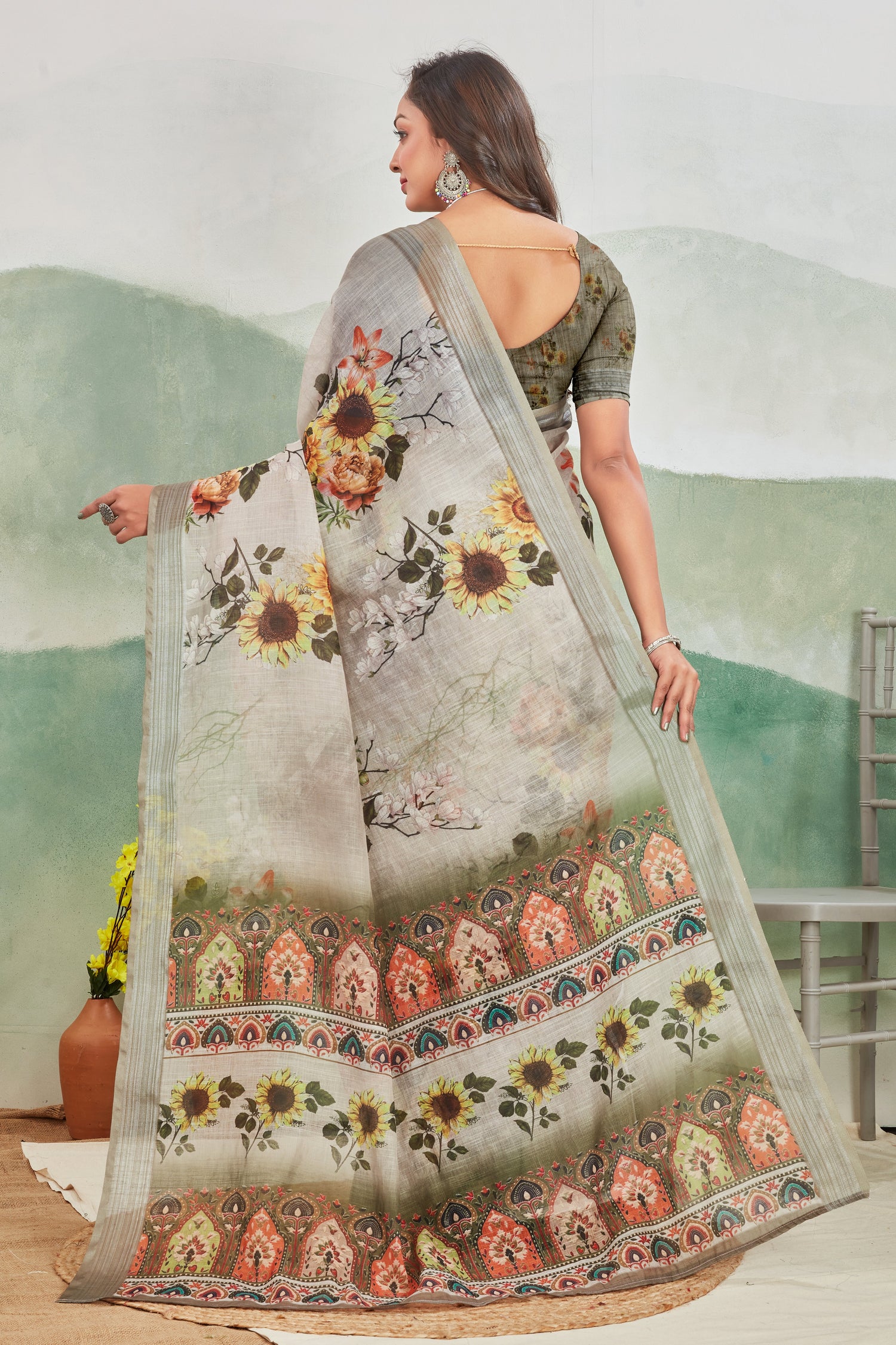 Lightweight Pure Linen Saree Pista Printed For Effortless Style
