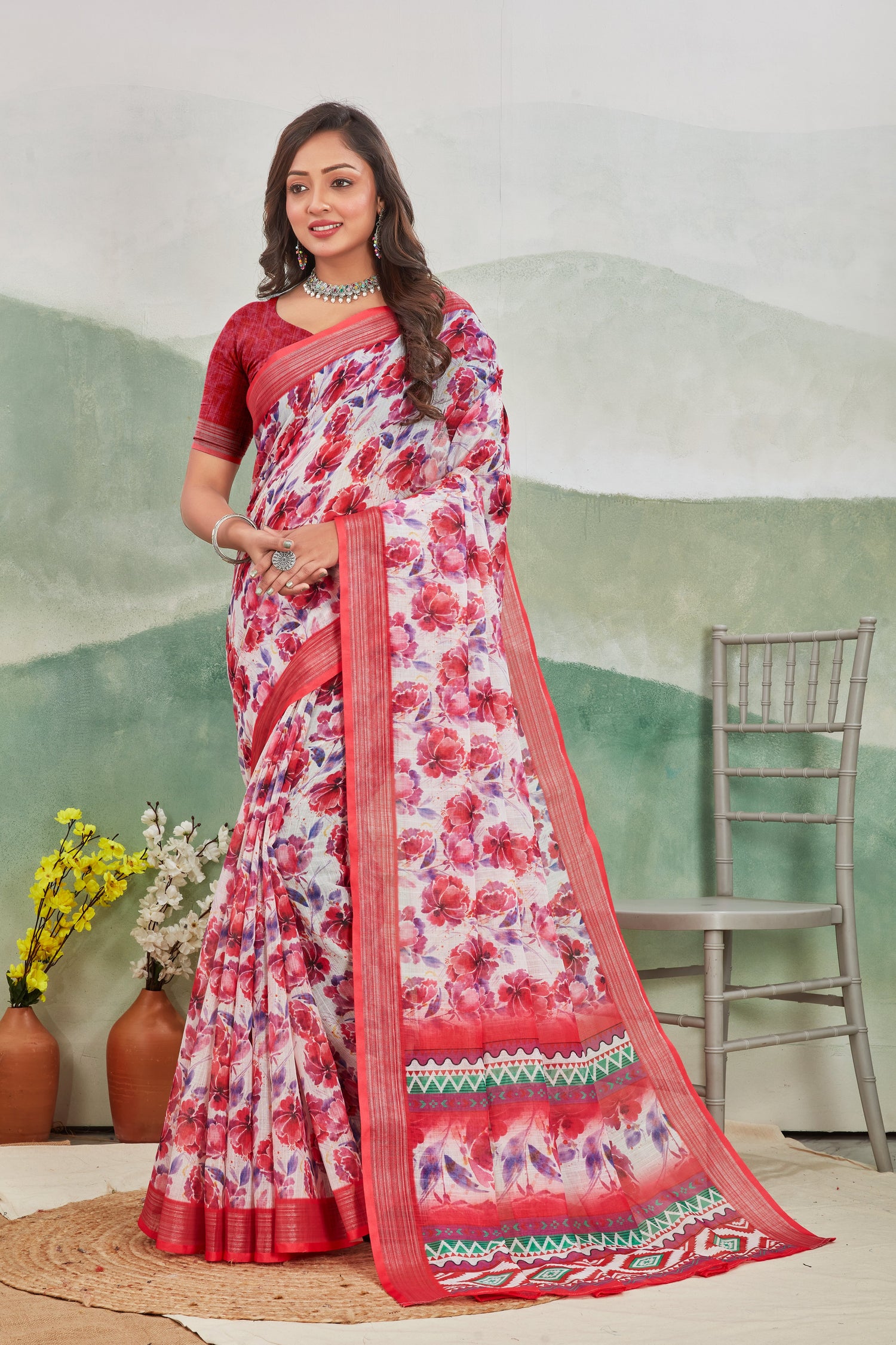 Pink Floral Digital Print Saree In Soft Silk Linen Elegant Ethnic Look