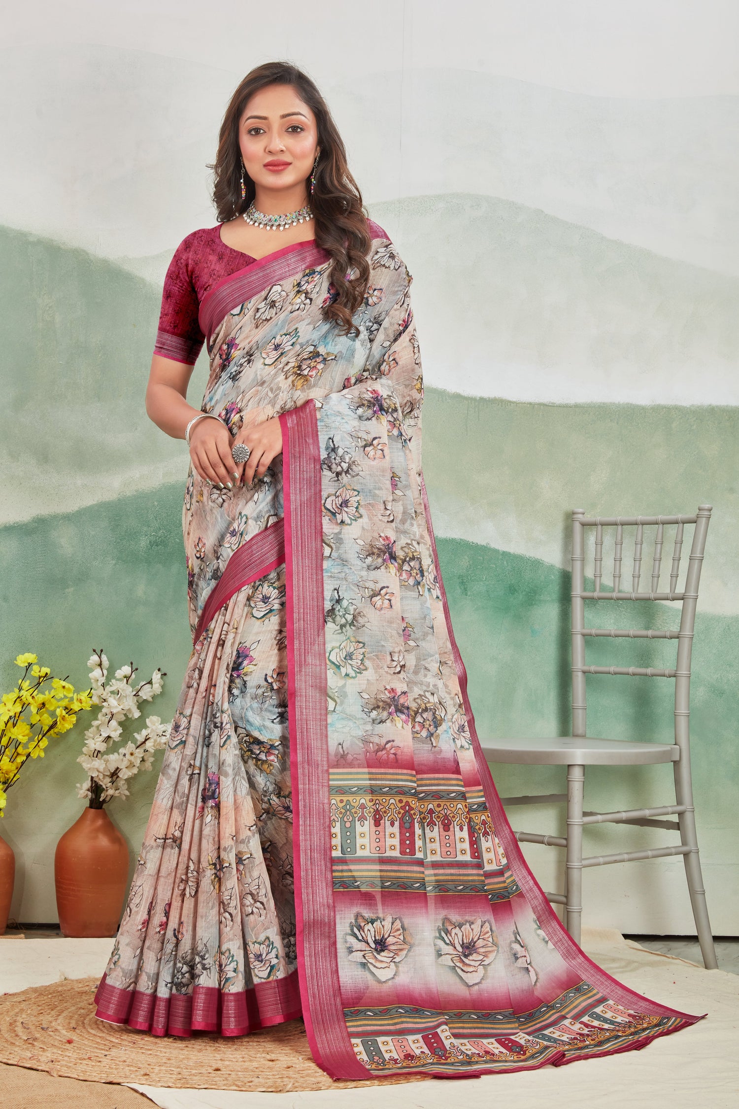 Dark Pink Printed Office Wear Saree Pure Linen With Subtle Design
