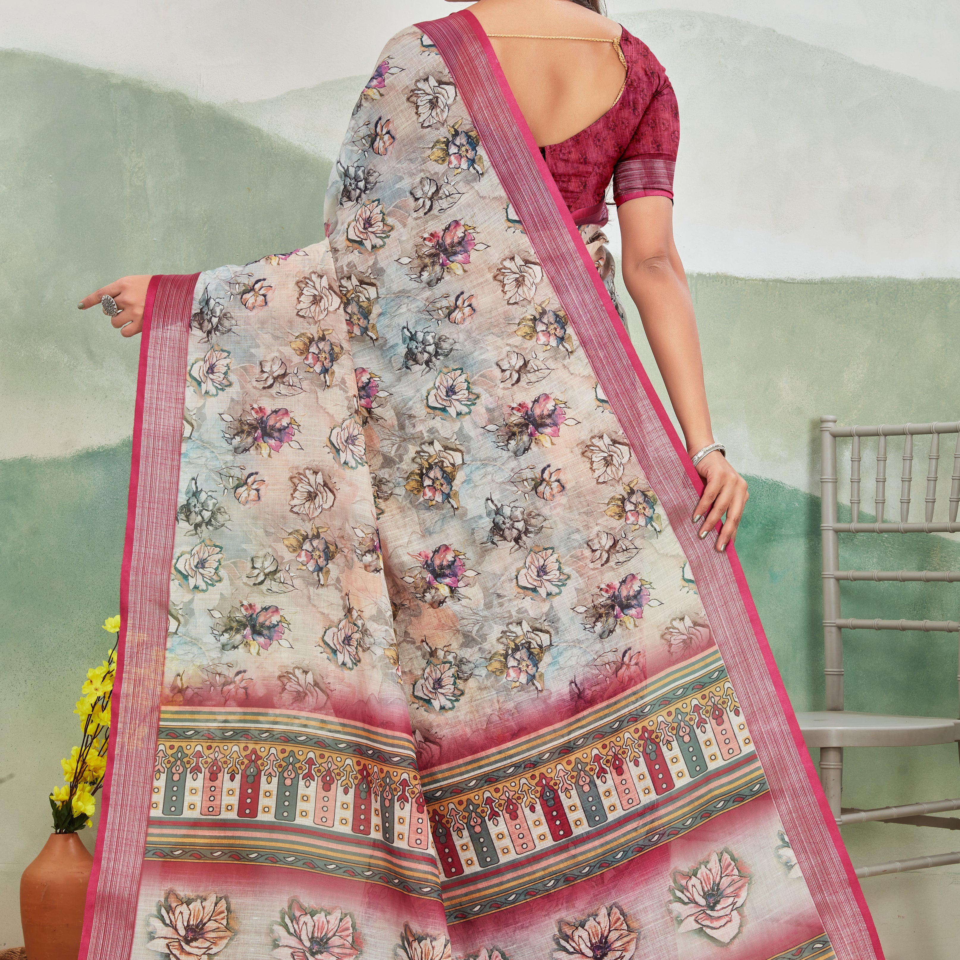 Pure Linen Saree For Every Occasion in Dark Pink