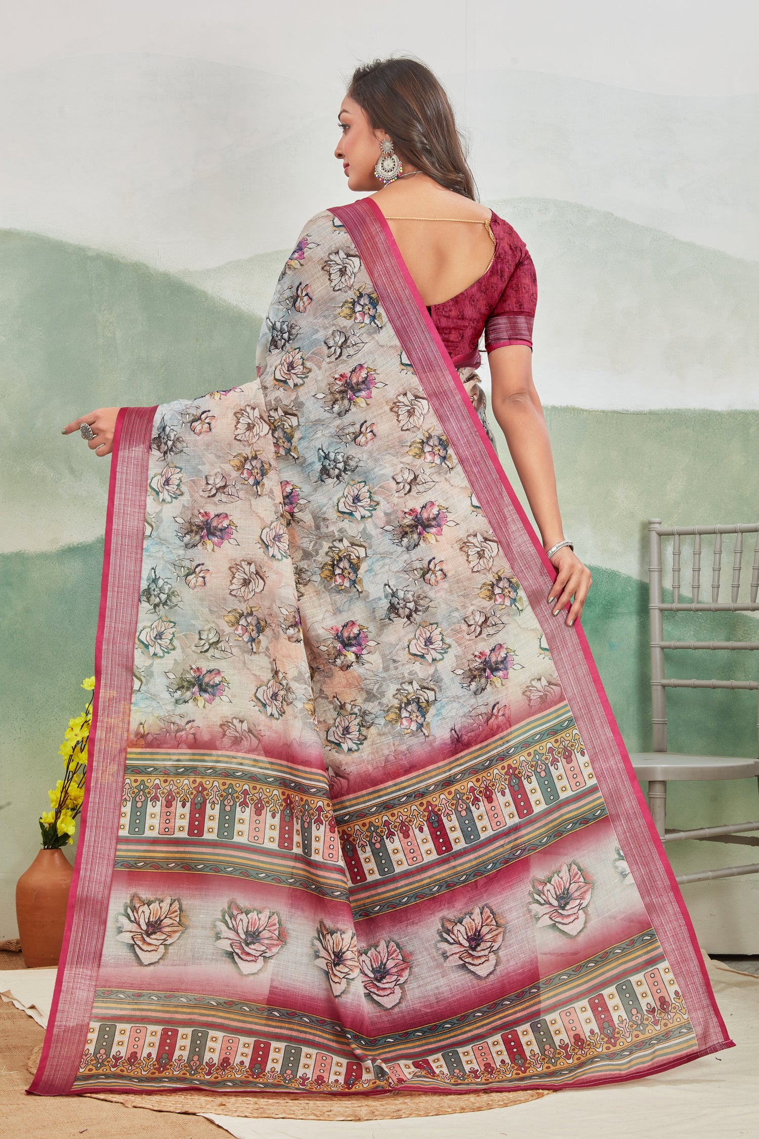 Dark Pink Printed Office Wear Saree Pure Linen With Subtle Design