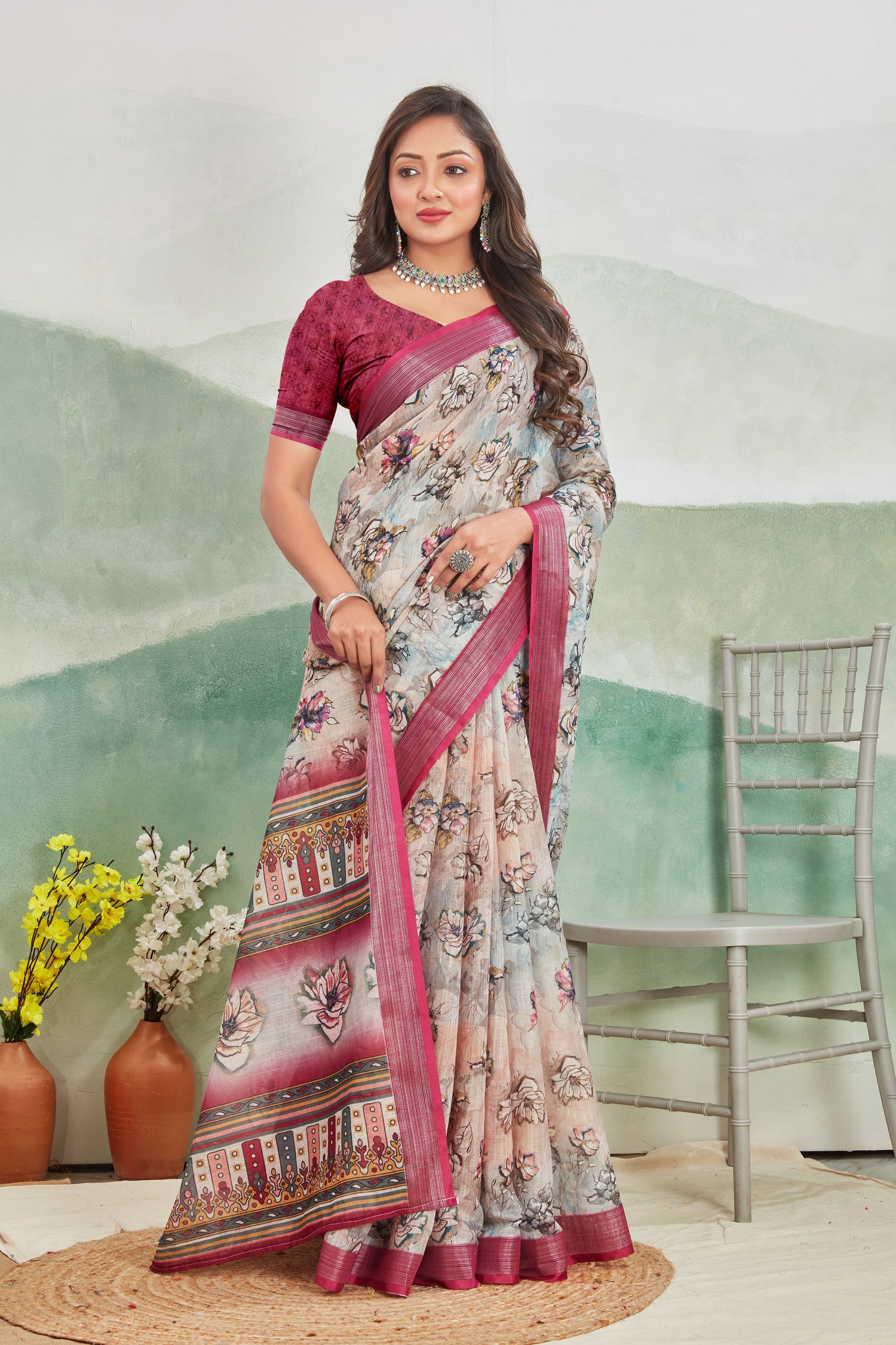 Dark Pink Printed Office Wear Saree Pure Linen With Subtle Design