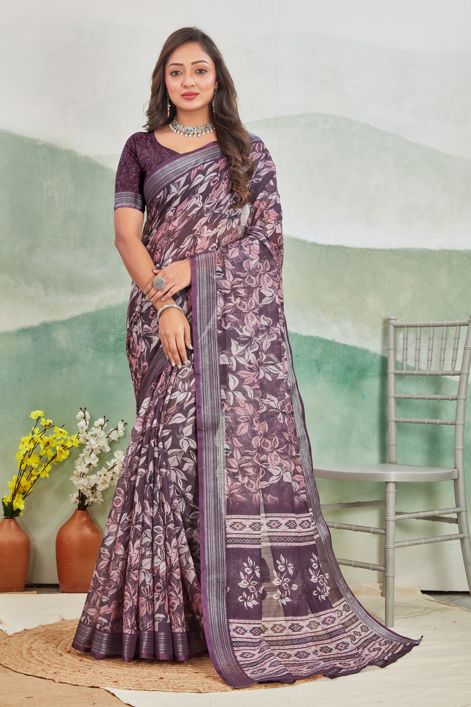 Soft Printed Saree In Wine Pure Linen For Everyday Comfort