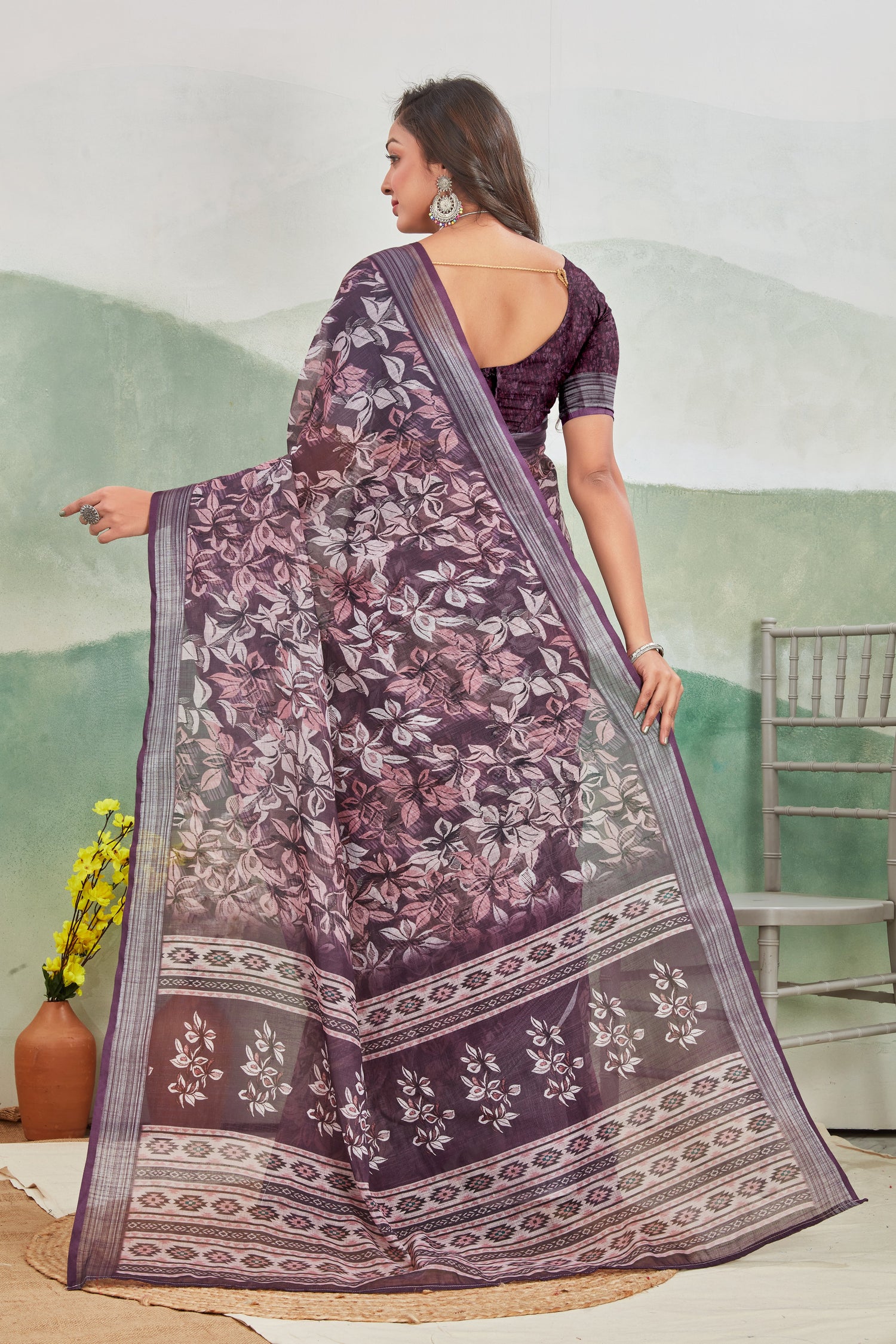 Soft Printed Saree In Wine Pure Linen For Everyday Comfort