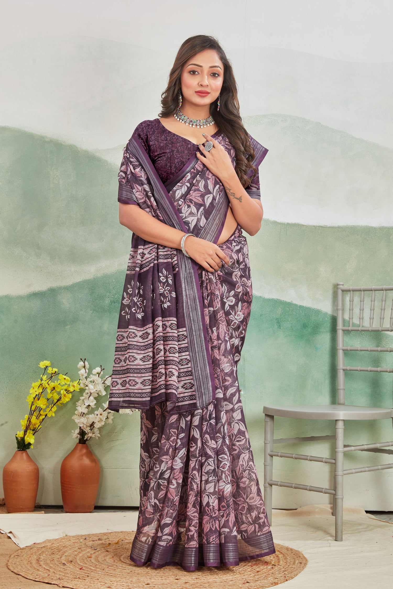 Soft Printed Saree In Wine Pure Linen For Everyday Comfort