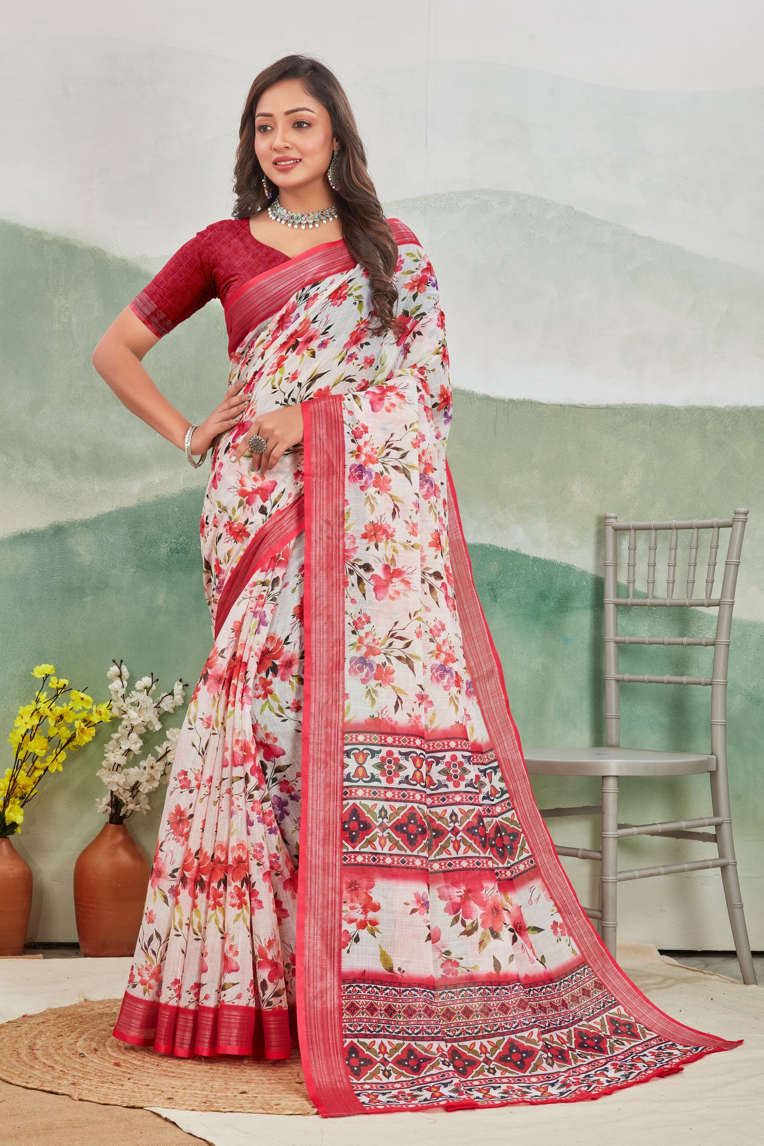 Daily Essentials Saree Magenta Printed Pure Linen Comfort Drape