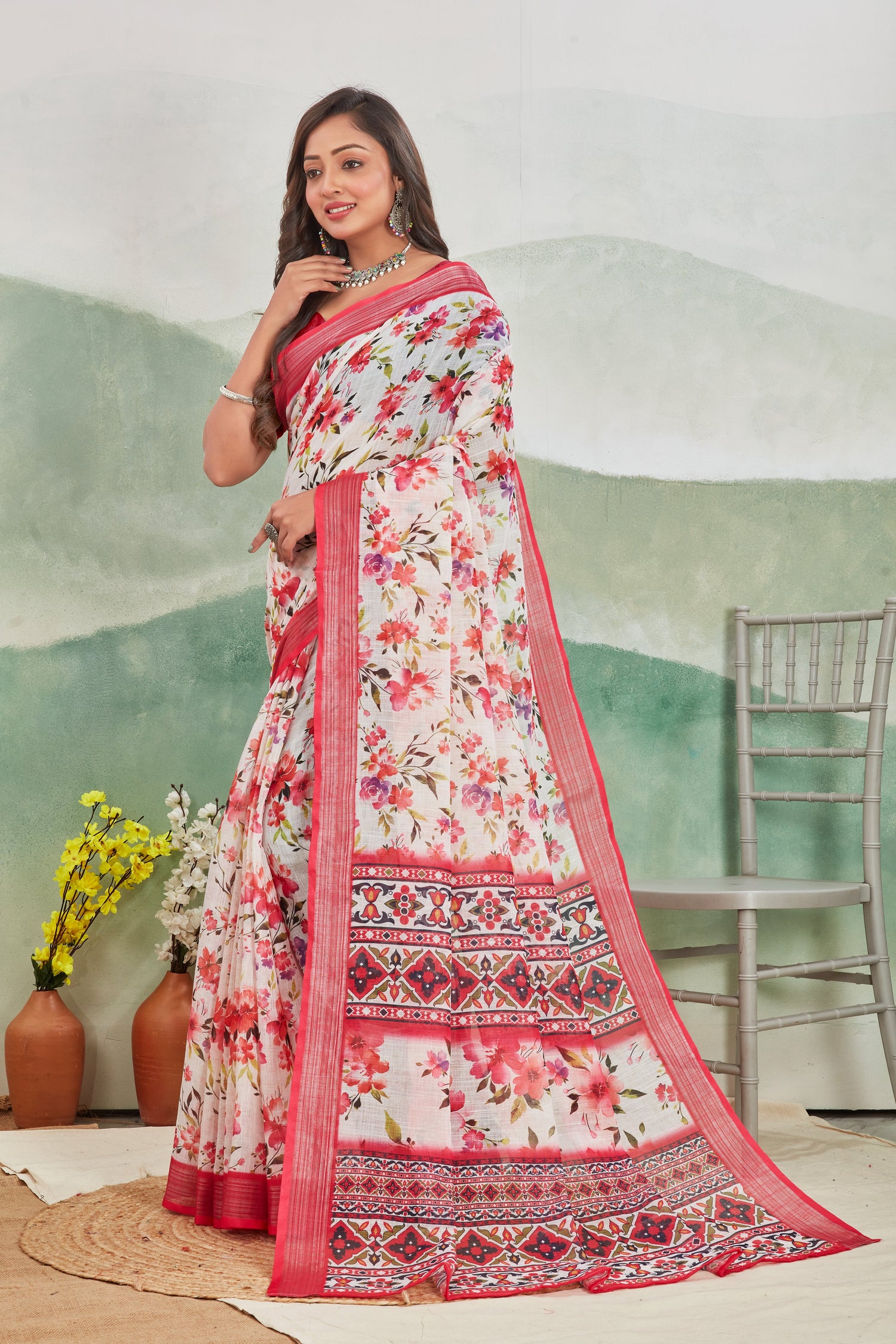 Daily Essentials Saree Magenta Printed Pure Linen Comfort Drape
