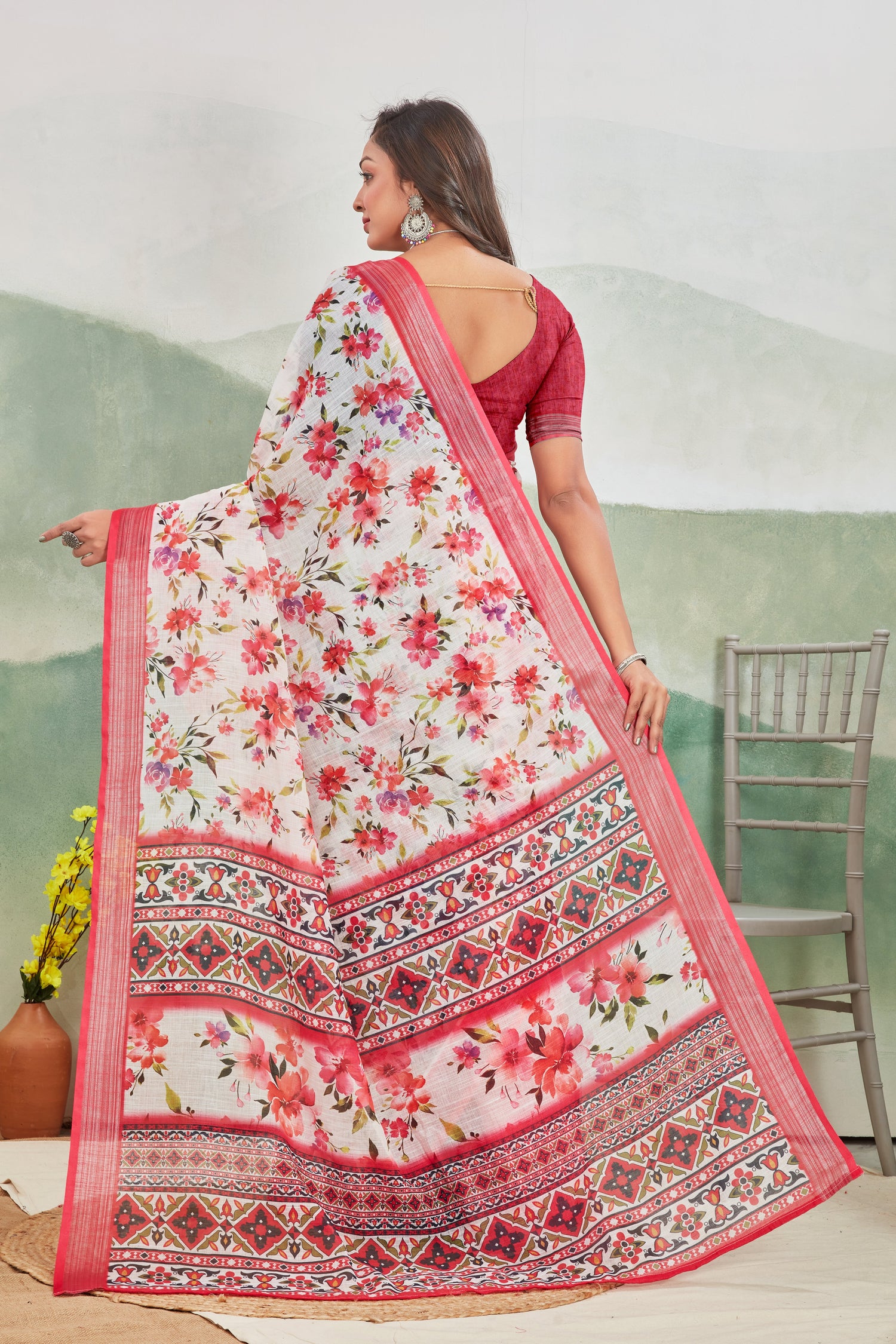 Daily Essentials Saree Magenta Printed Pure Linen Comfort Drape