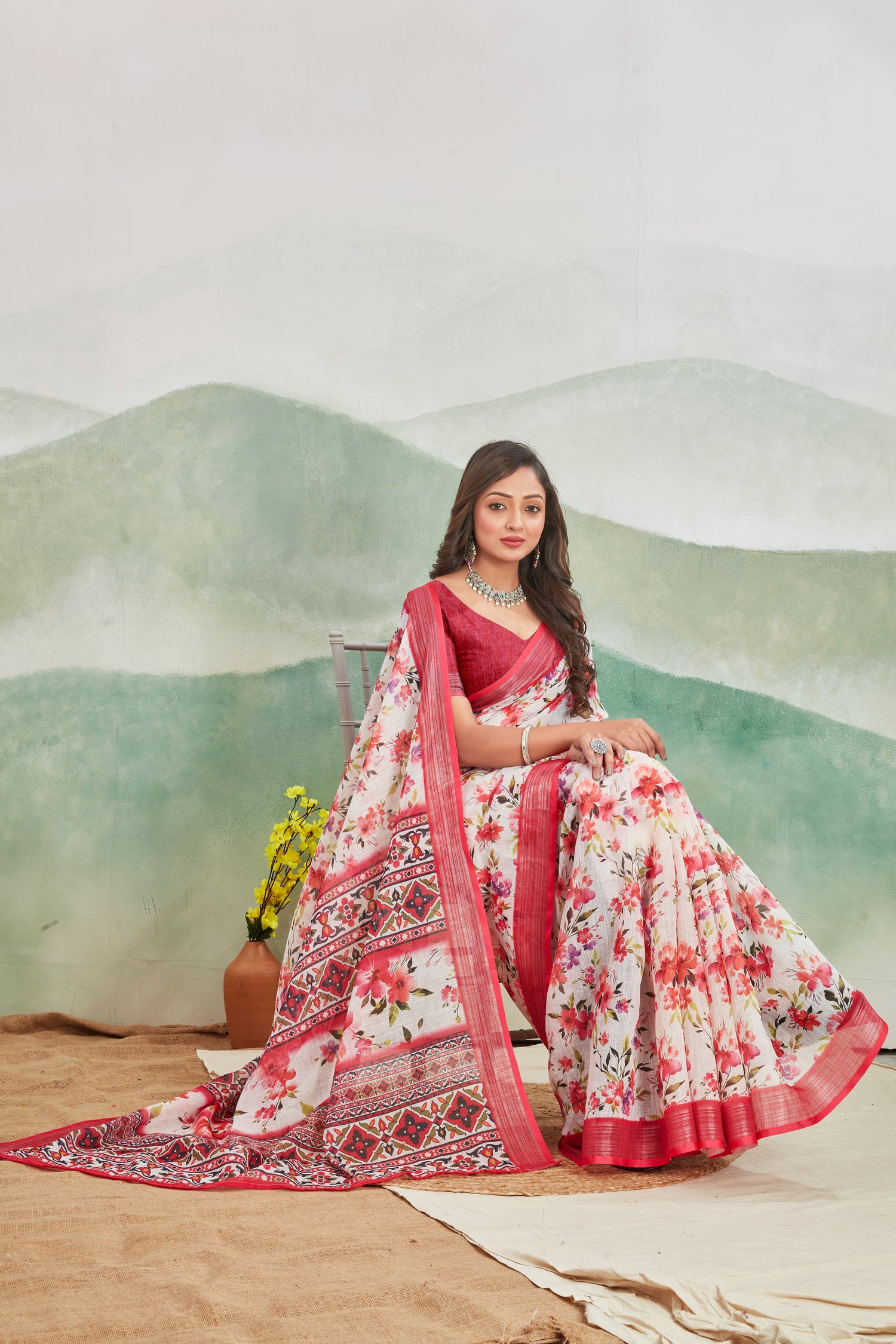 Red Summer Ready Linen Saree Pure Printed Casual Style