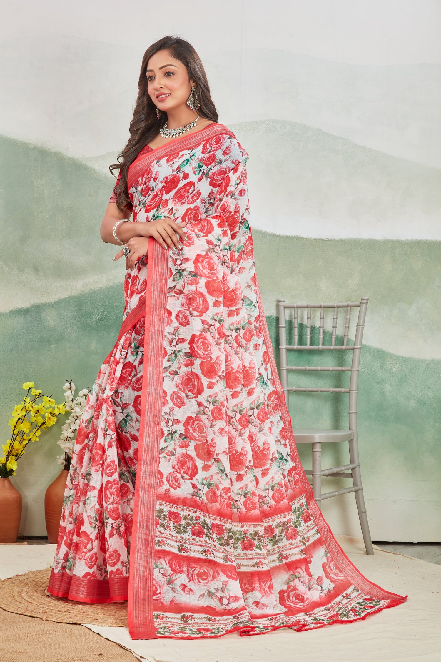 Red Summer Ready Linen Saree Pure Printed Casual Style