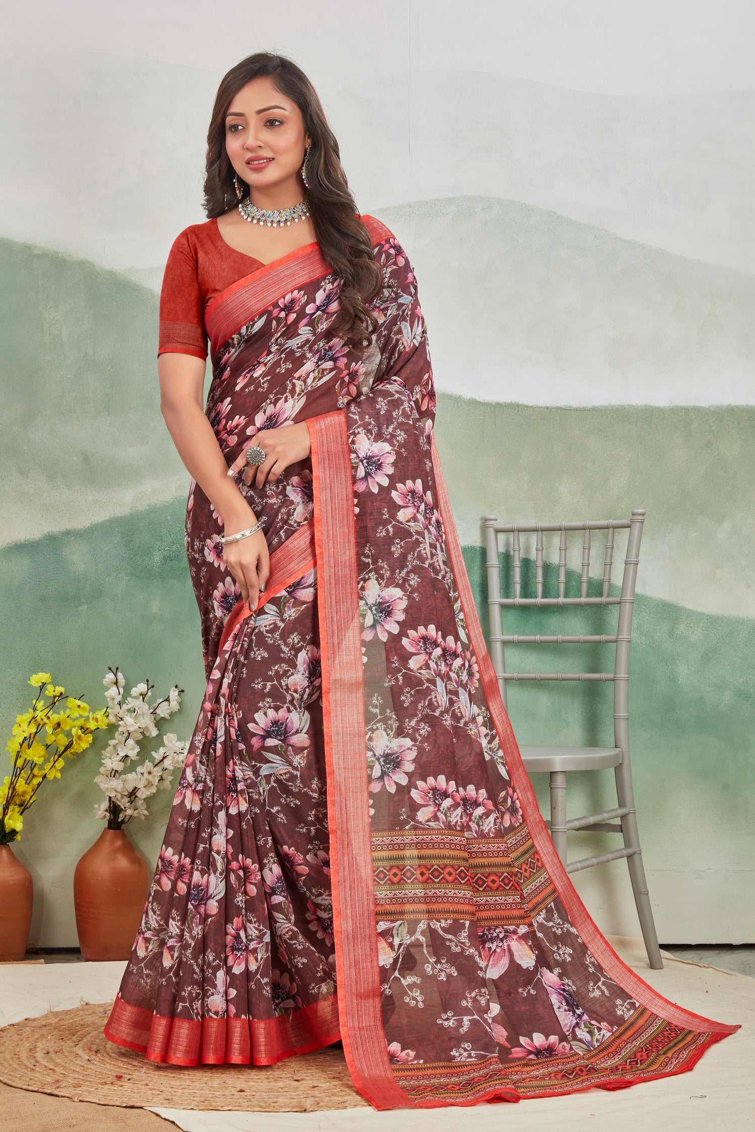 Brown Pure Linen Printed Saree Elegant Look For Casual Wear