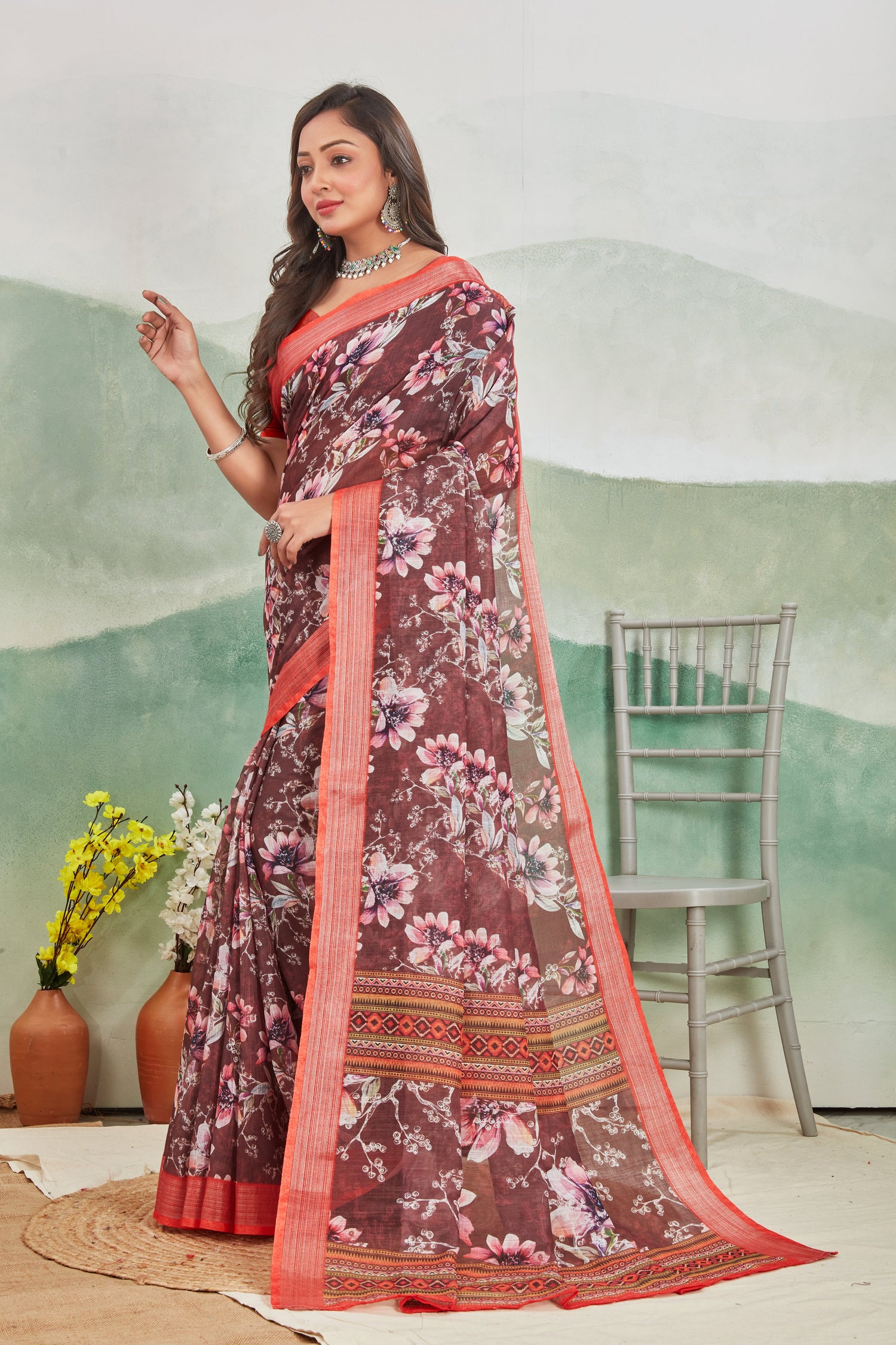 Brown Pure Linen Printed Saree Elegant Look For Casual Wear