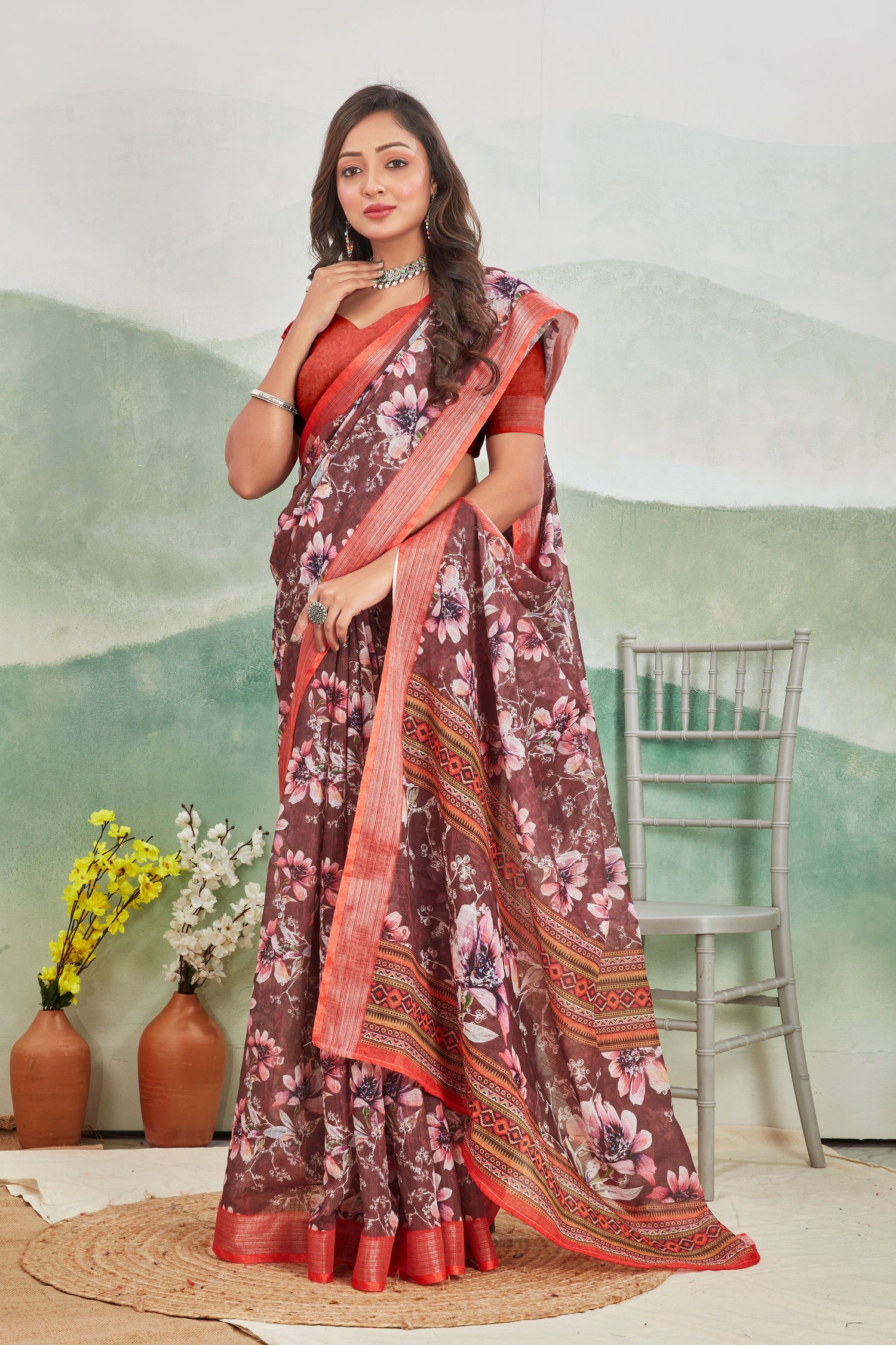 Brown Pure Linen Printed Saree Elegant Look For Casual Wear