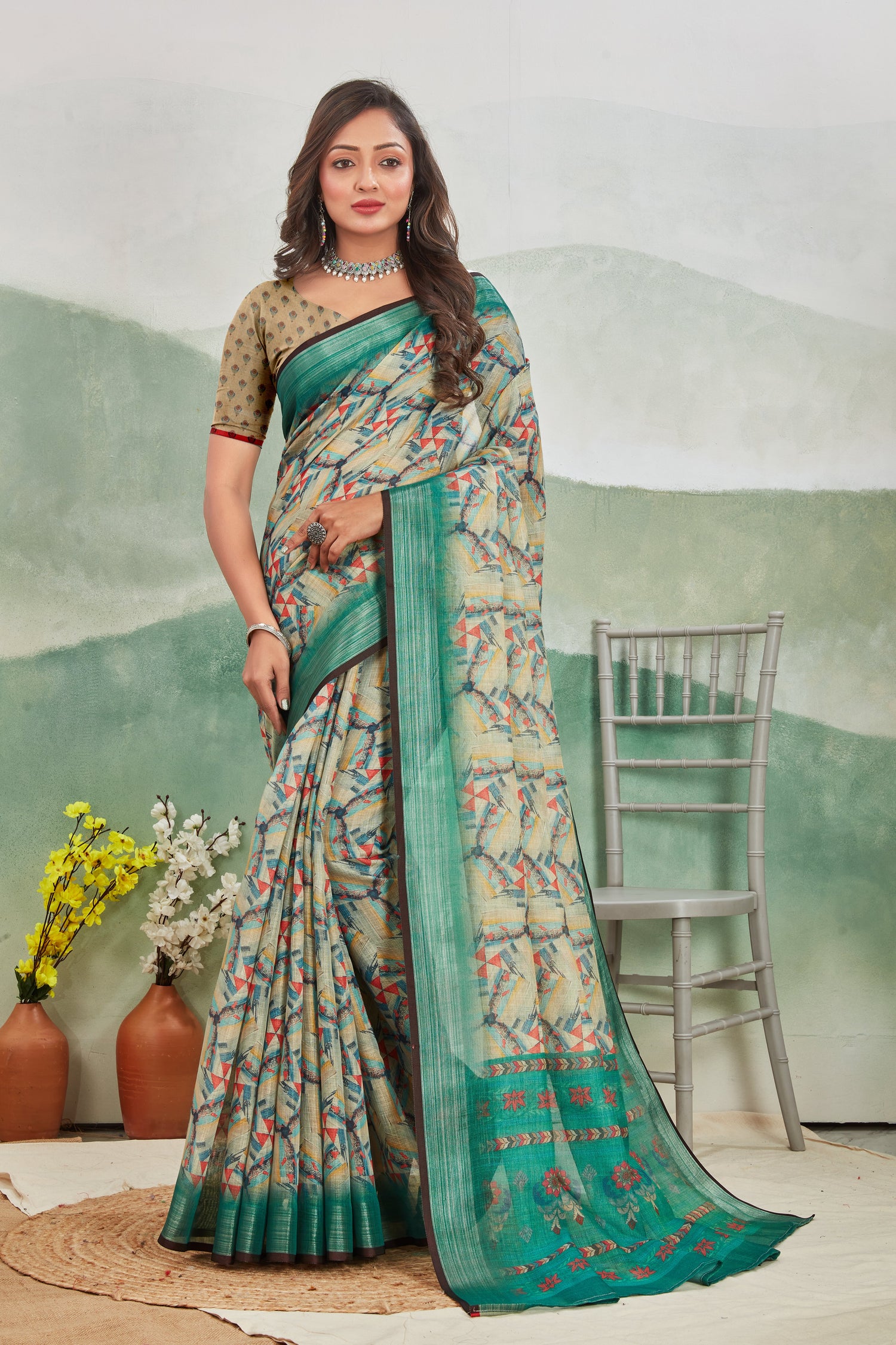 Easy Wear Printed Saree Green Pure Linen Daily Staple