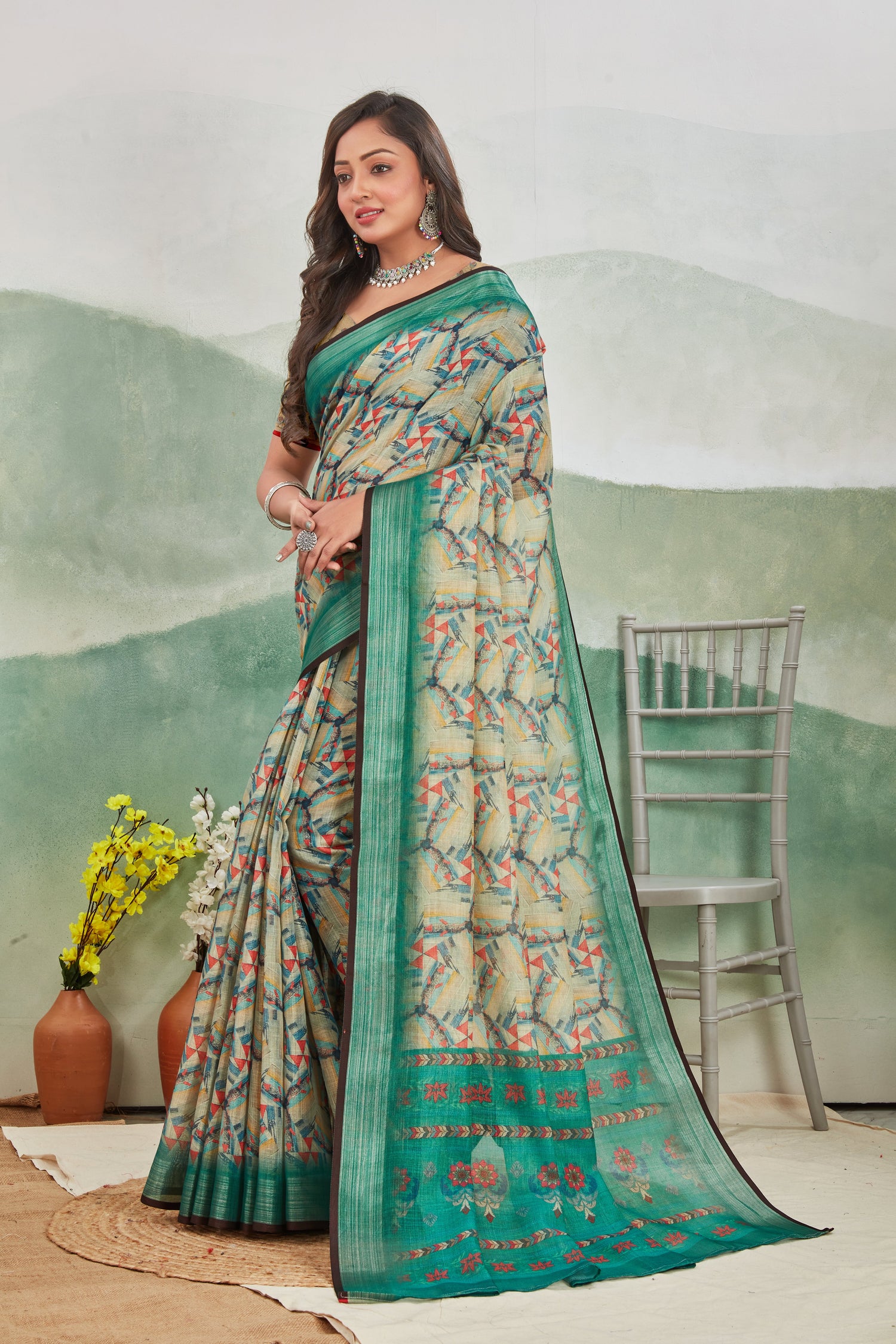 Easy Wear Printed Saree Green Pure Linen Daily Staple